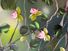 "Jardin d'été  grande peinture sur toile de lin, roseraie, fleurs, rose