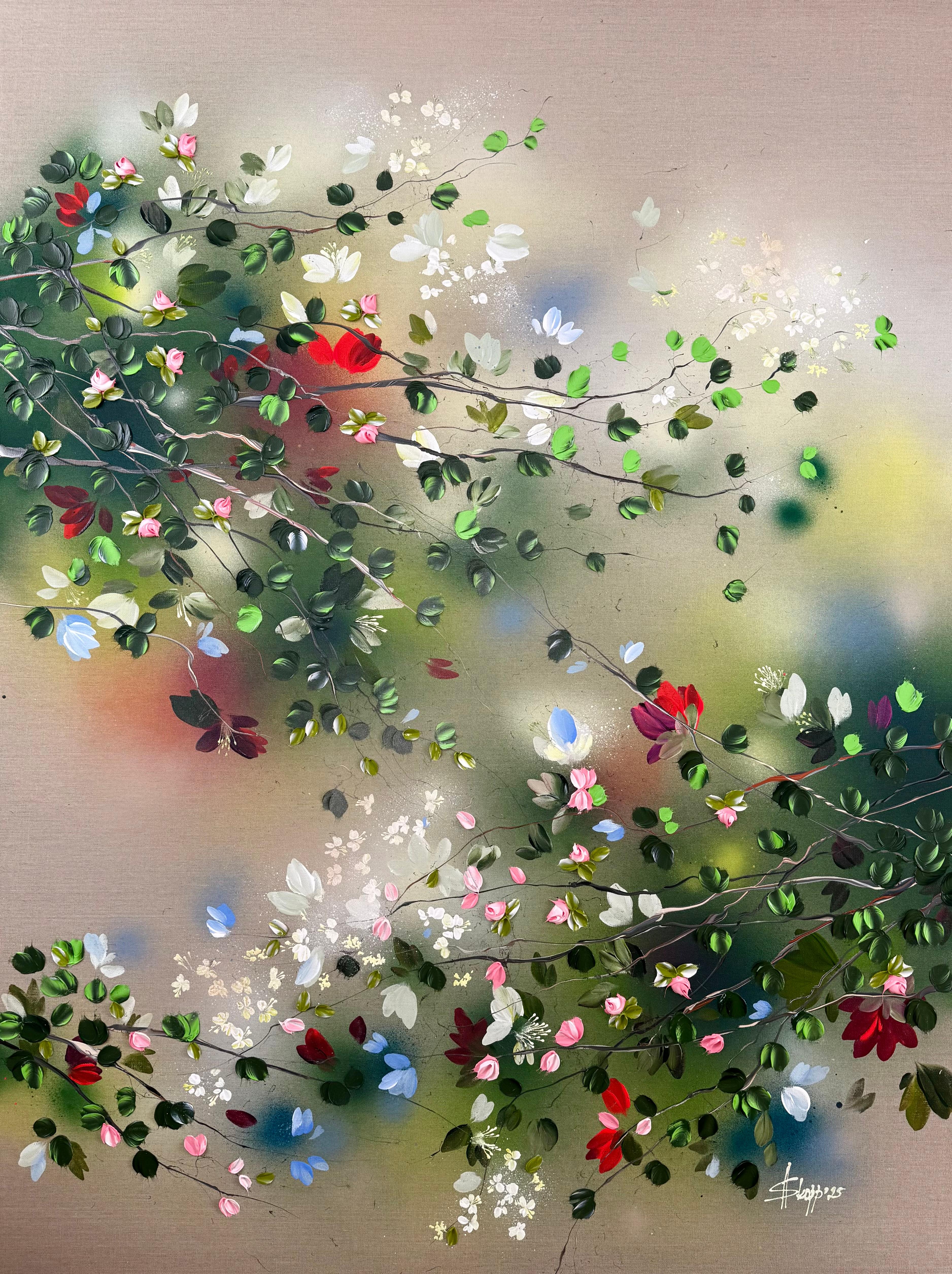 "Summer Garden"  large painting on linen canvas, rose garden, flowers, rose