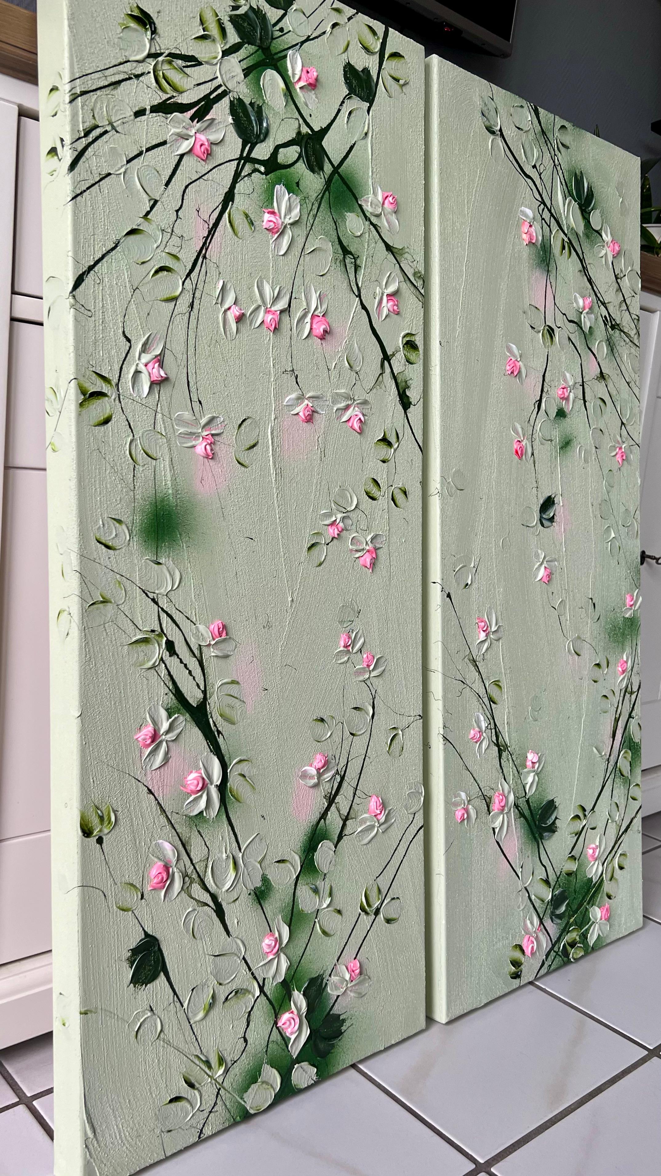 „Sweet Vibes I“ Blumenkunst Texturiertes Gemälde im Landschaftsformat mit hellgrünen Rosen im Angebot 5