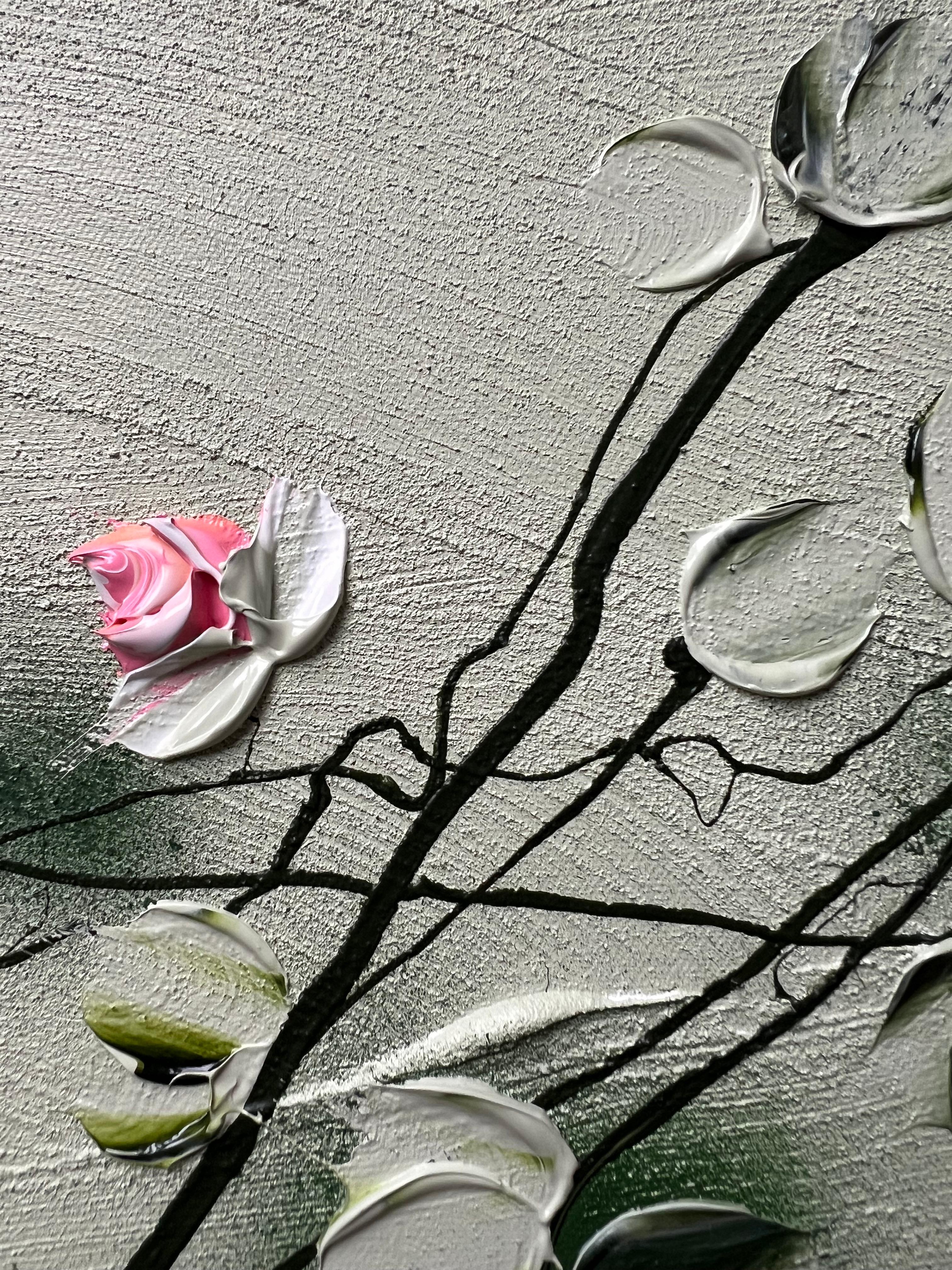 „Sweet Vibes I“ Blumenkunst Texturiertes Gemälde im Landschaftsformat mit hellgrünen Rosen im Angebot 6