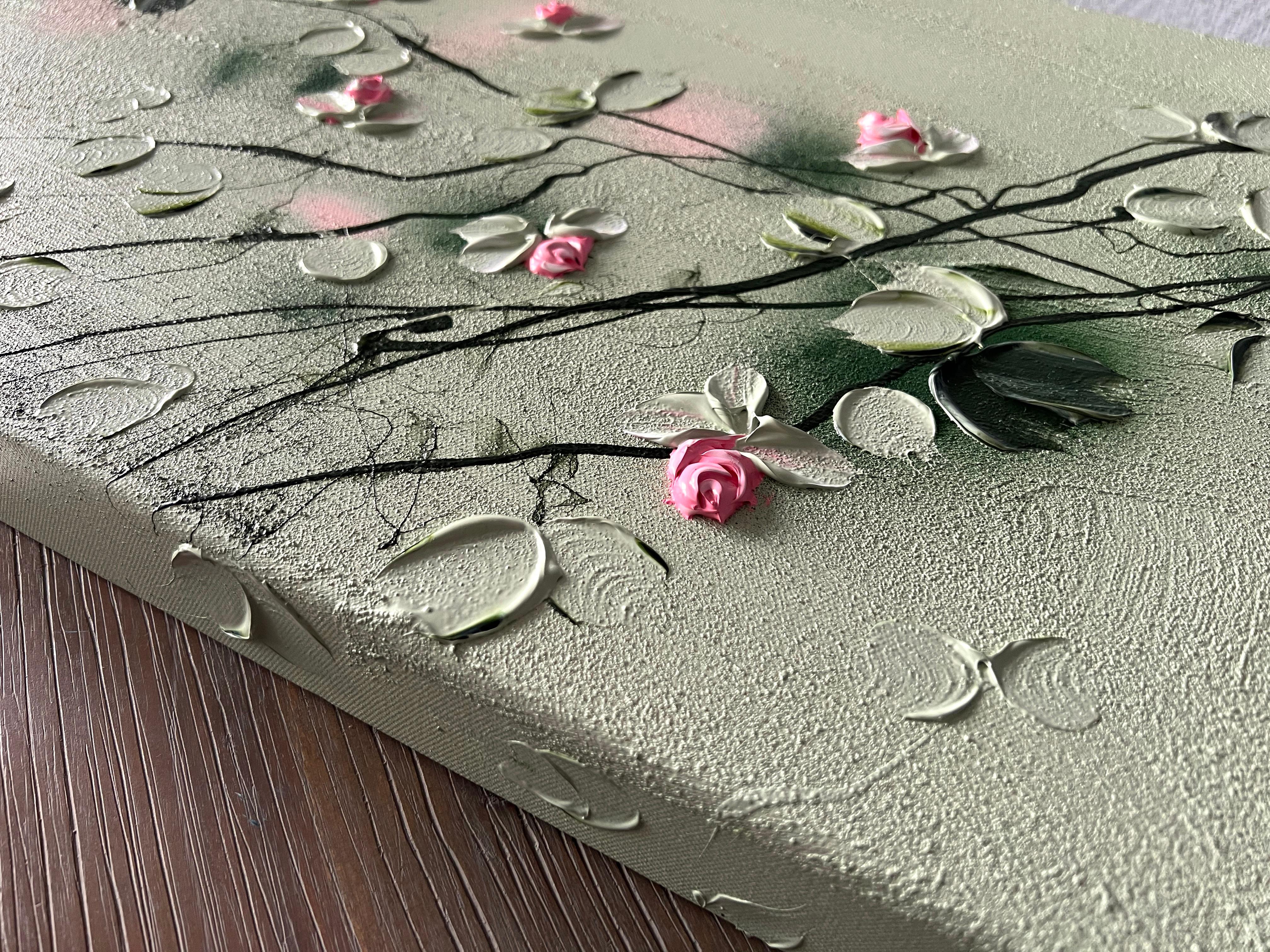 „Sweet Vibes I“ Blumenkunst Texturiertes Gemälde im Landschaftsformat mit hellgrünen Rosen im Angebot 7