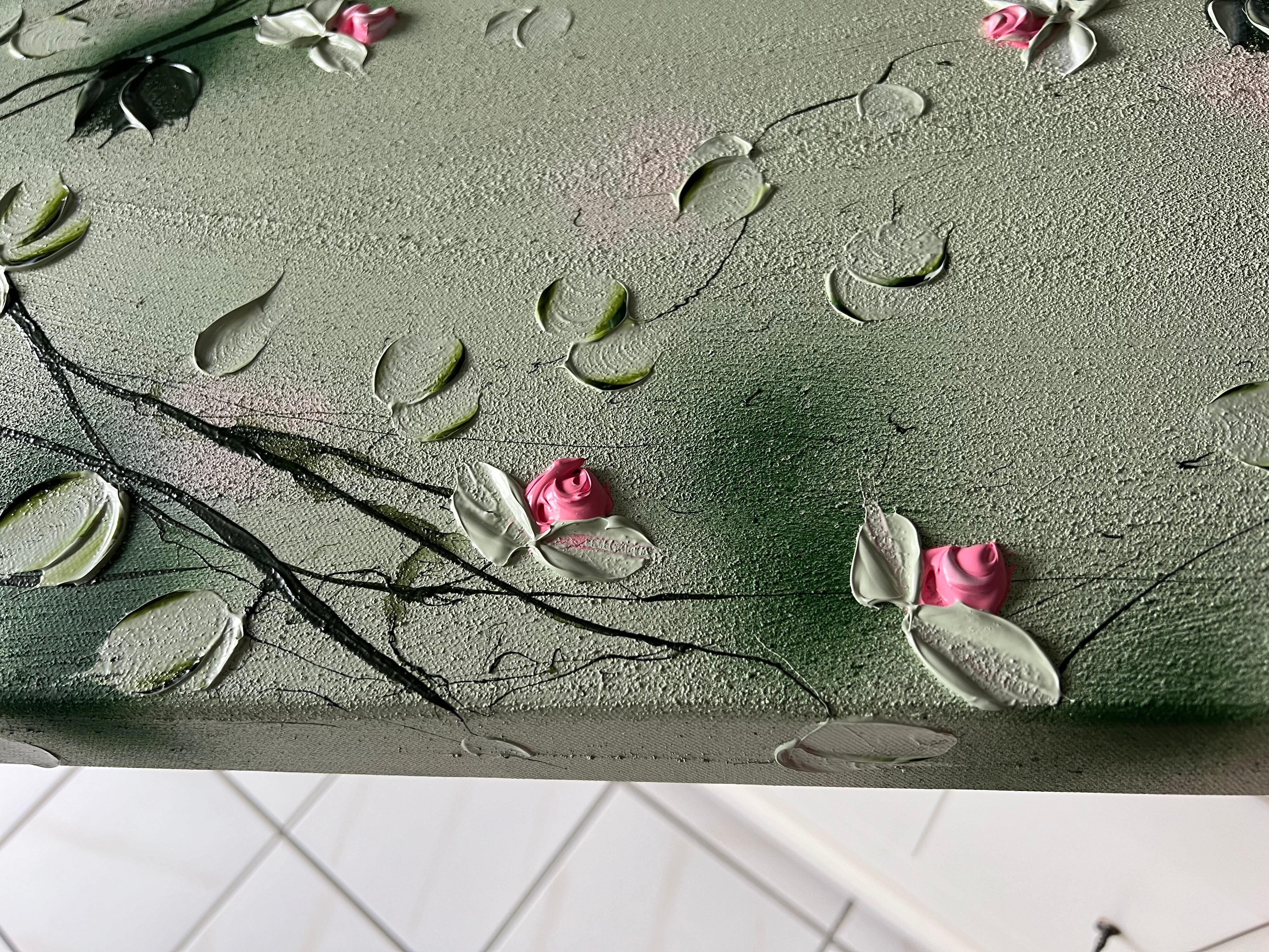 „Sweet Vibes I“ Blumenkunst Texturiertes Gemälde im Landschaftsformat mit hellgrünen Rosen im Angebot 8