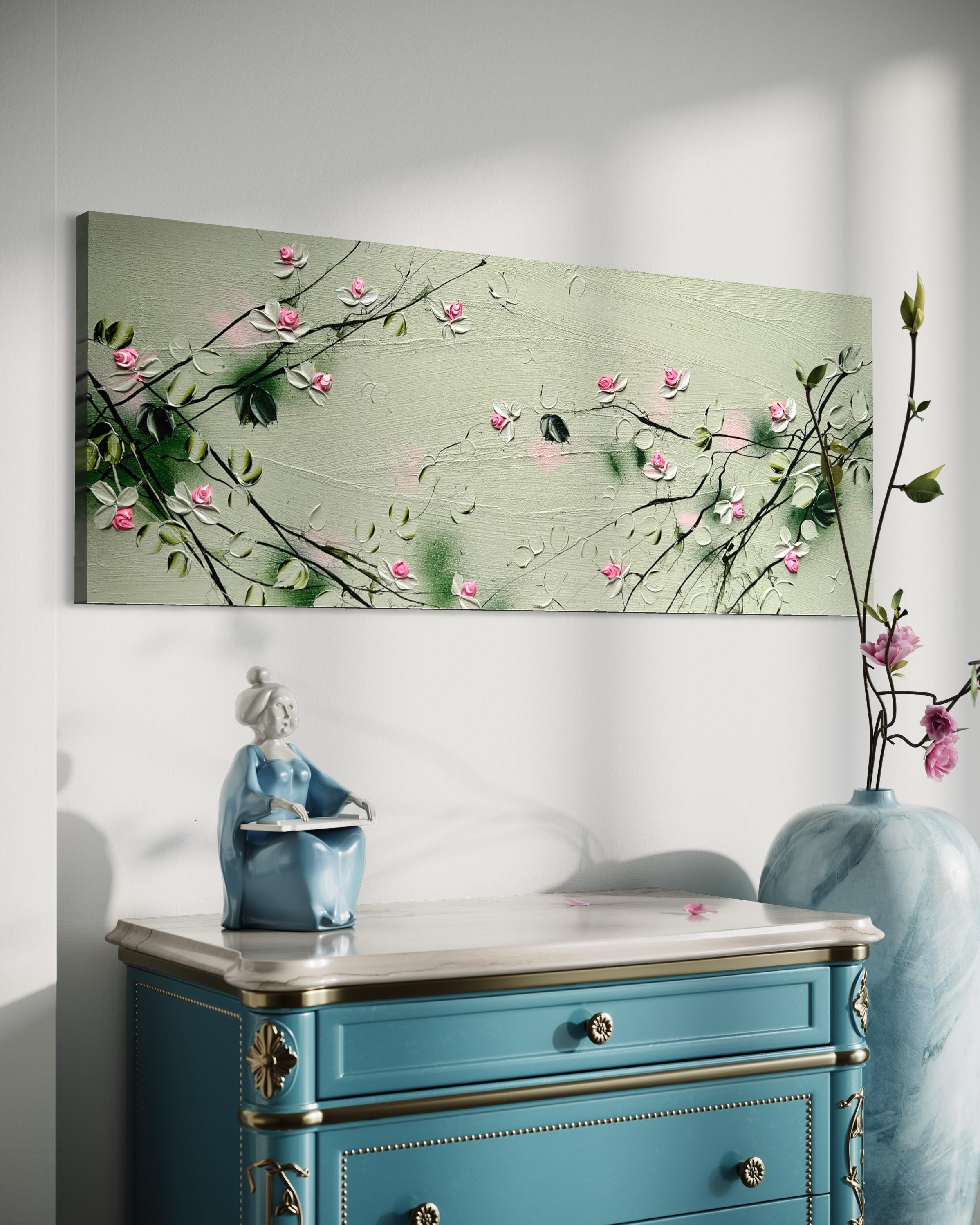 „Sweet Vibes I“ Blumenkunst Texturiertes Gemälde im Landschaftsformat mit hellgrünen Rosen im Angebot 9