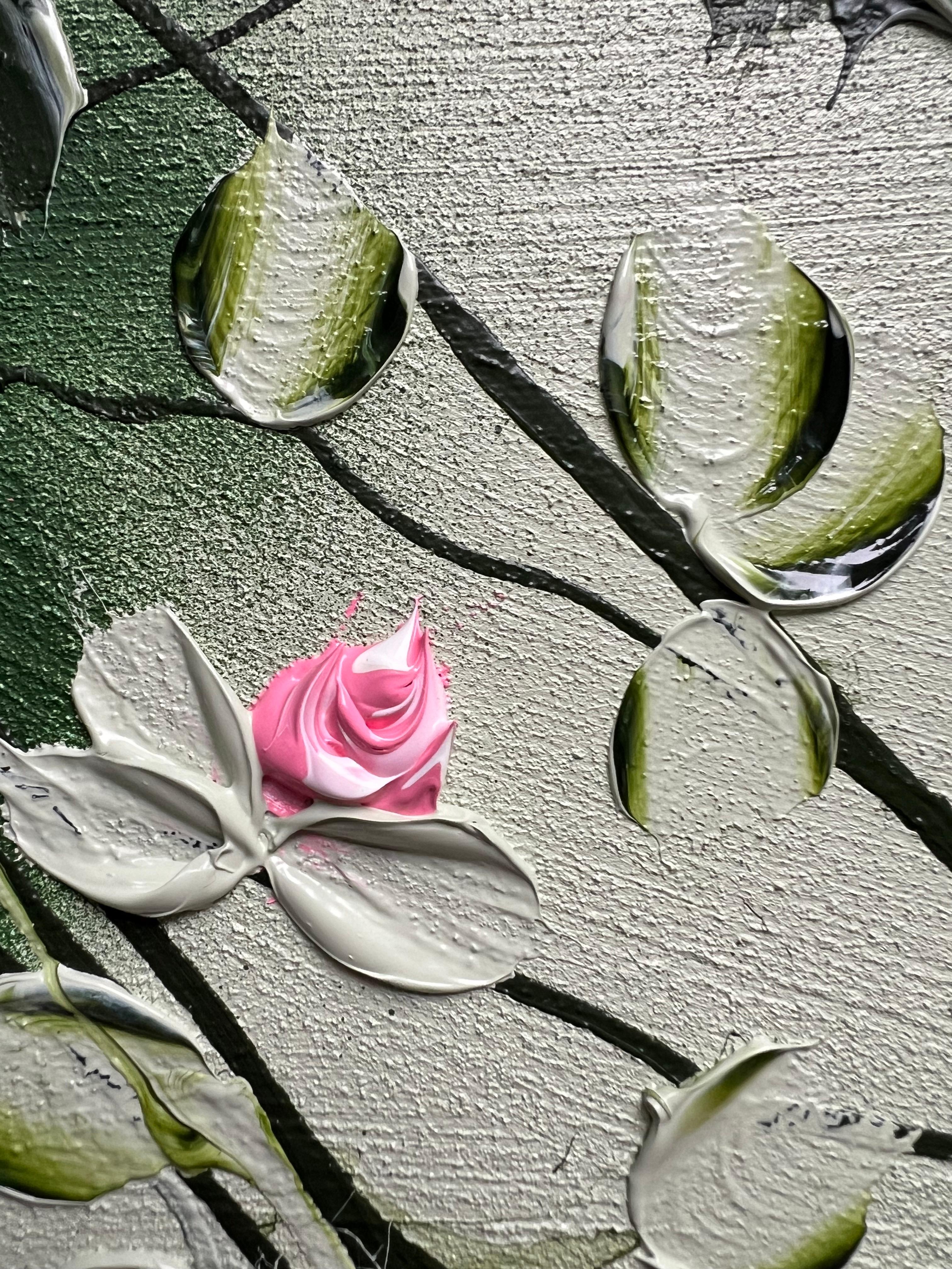 „Sweet Vibes I“ Blumenkunst Texturiertes Gemälde im Landschaftsformat mit hellgrünen Rosen – Painting von Anastassia Skopp