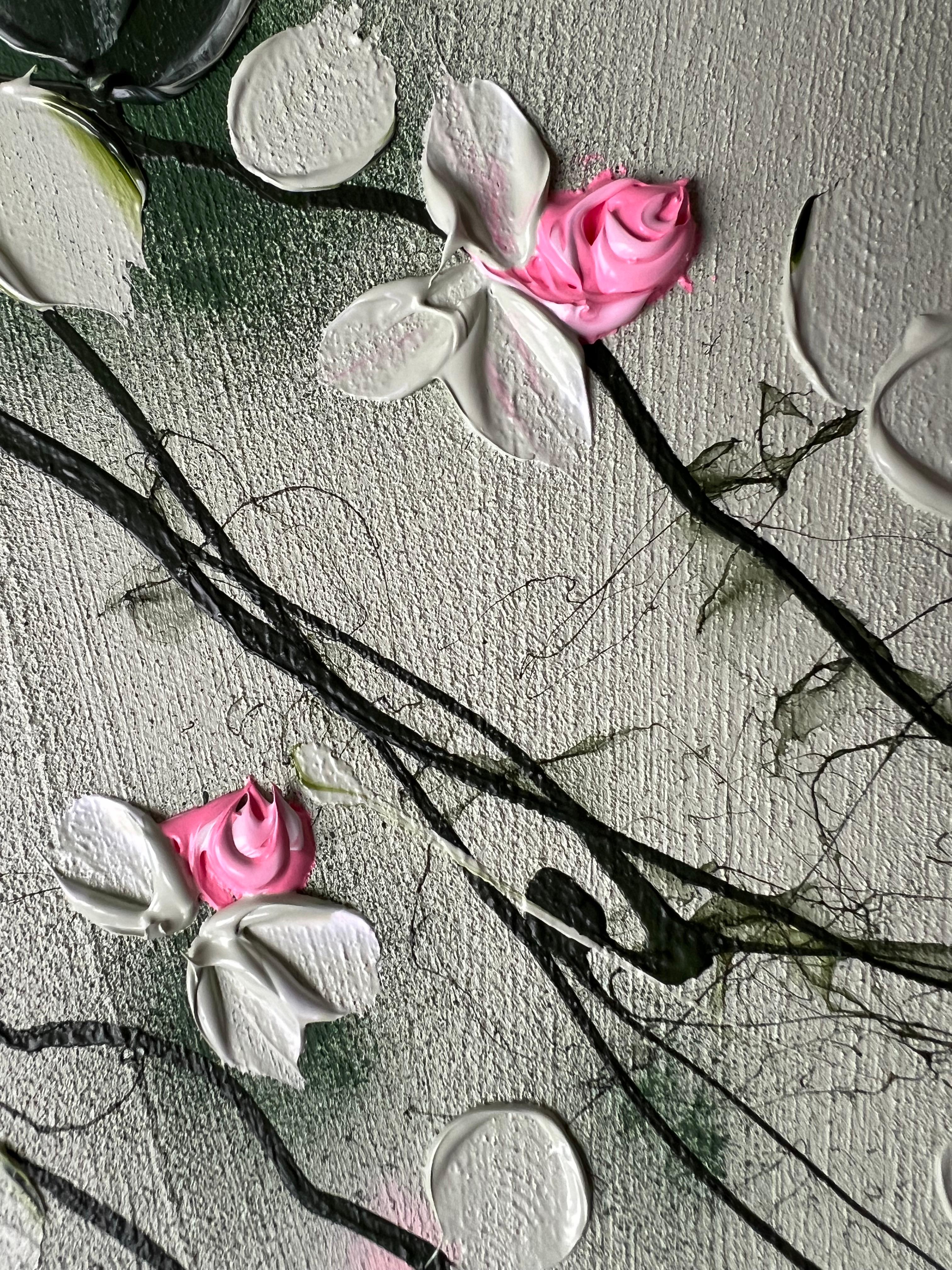„Sweet Vibes I“ Blumenkunst Texturiertes Gemälde im Landschaftsformat mit hellgrünen Rosen (Abstrakt), Painting, von Anastassia Skopp