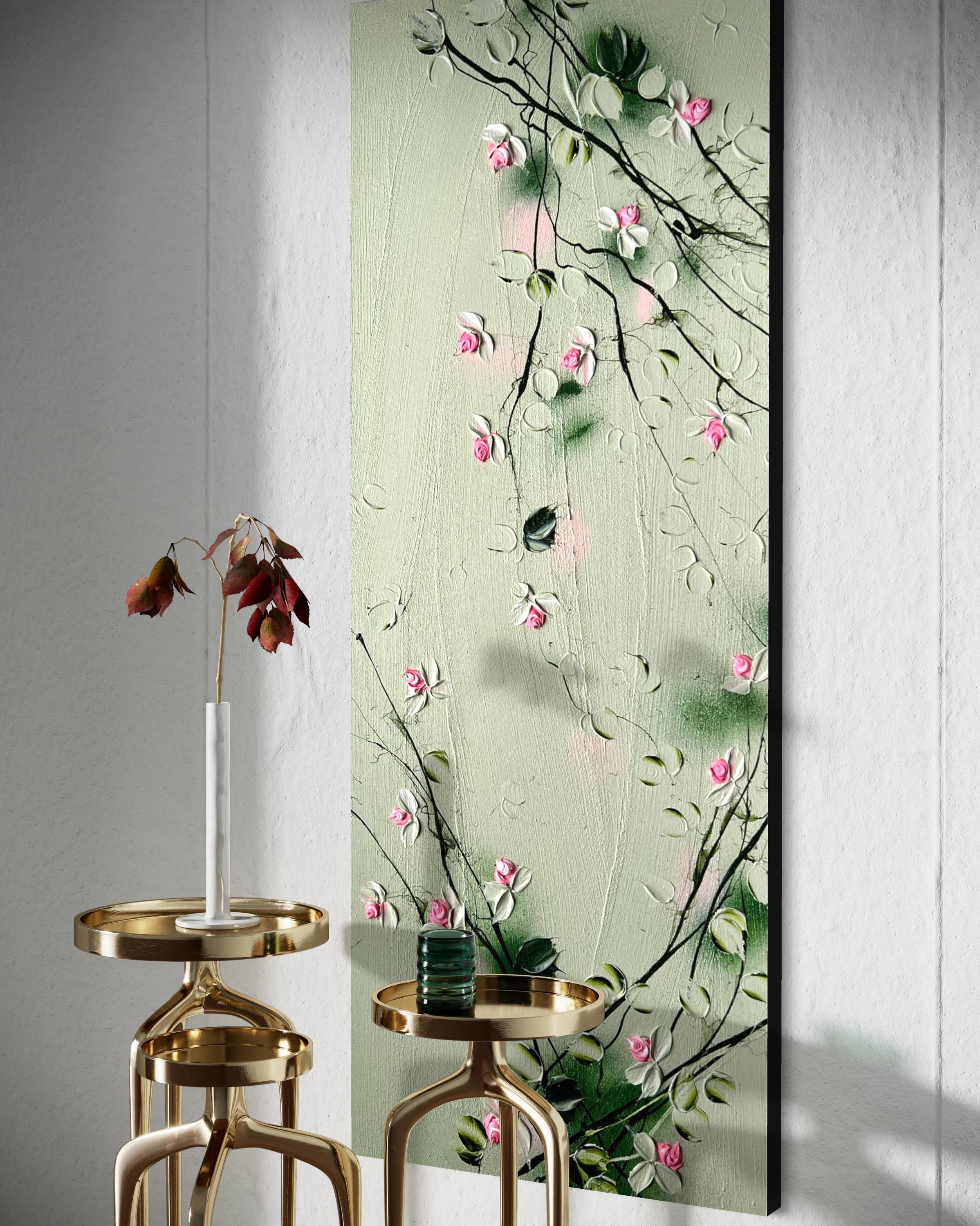 „Sweet Vibes I“ Blumenkunst Texturiertes Gemälde im Landschaftsformat mit hellgrünen Rosen im Angebot 2