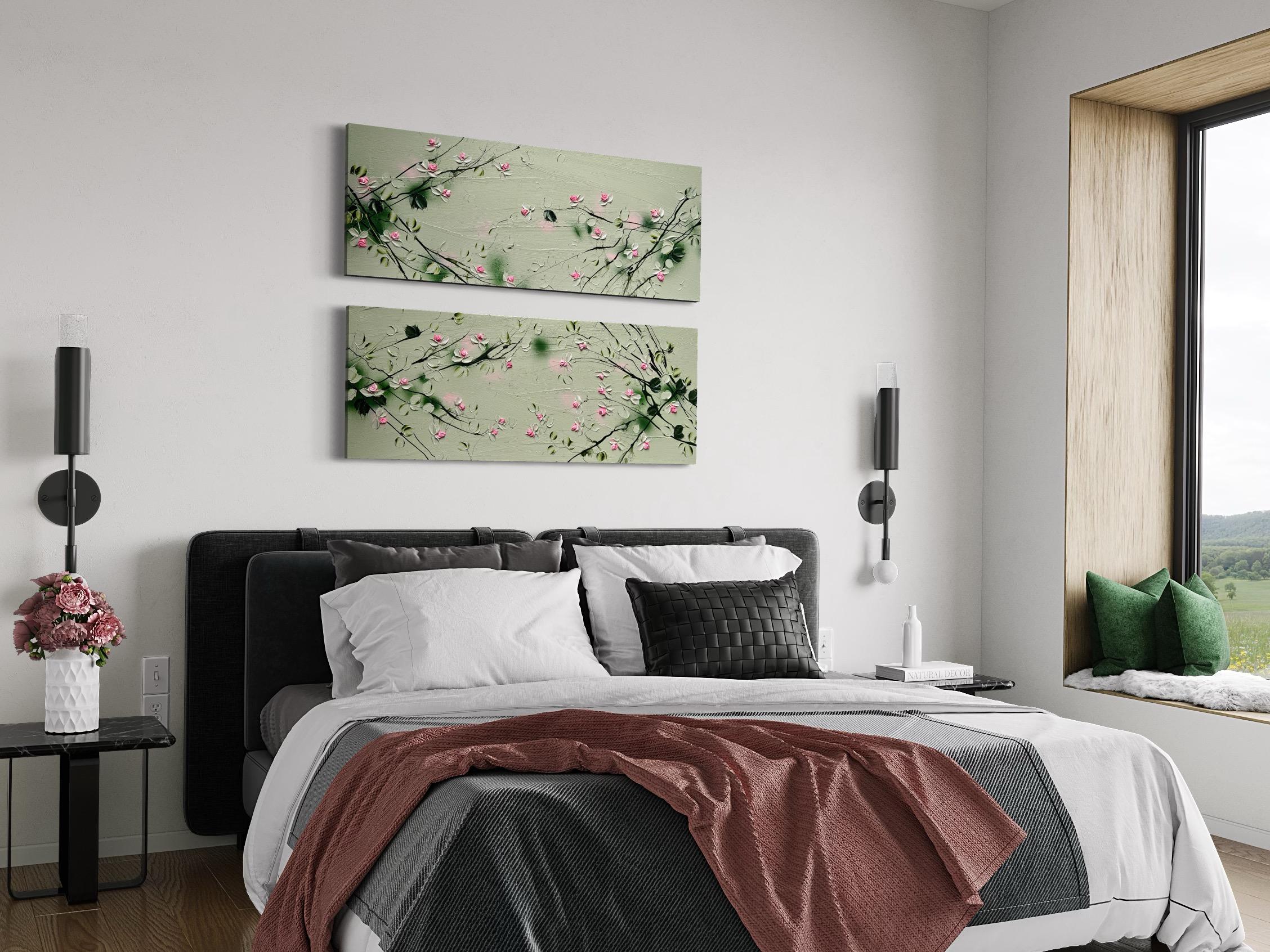 „Sweet Vibes I“ Blumenkunst Texturiertes Gemälde im Landschaftsformat mit hellgrünen Rosen im Angebot 3