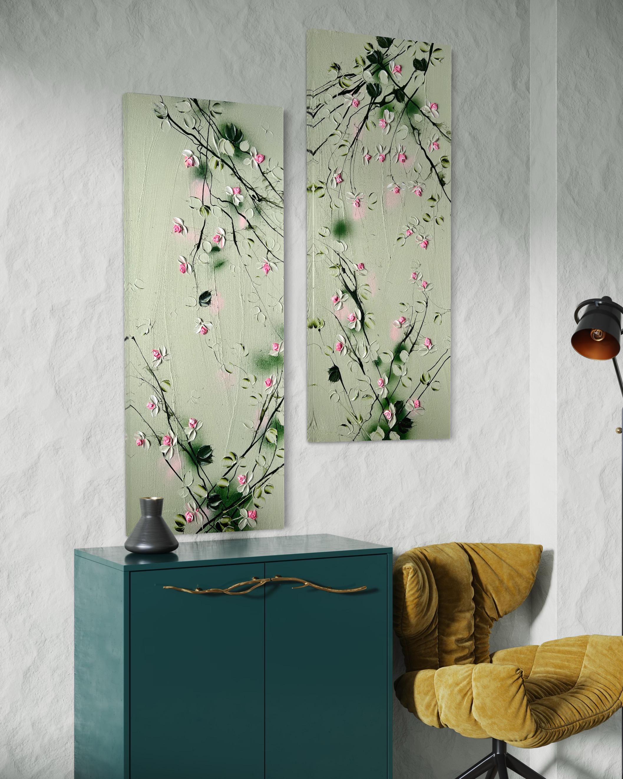 „Sweet Vibes I“ Blumenkunst Texturiertes Gemälde im Landschaftsformat mit hellgrünen Rosen im Angebot 4