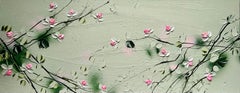 "Sweet Vibes I" pittura floreale testurizzata formato paesaggio rose verde chiaro