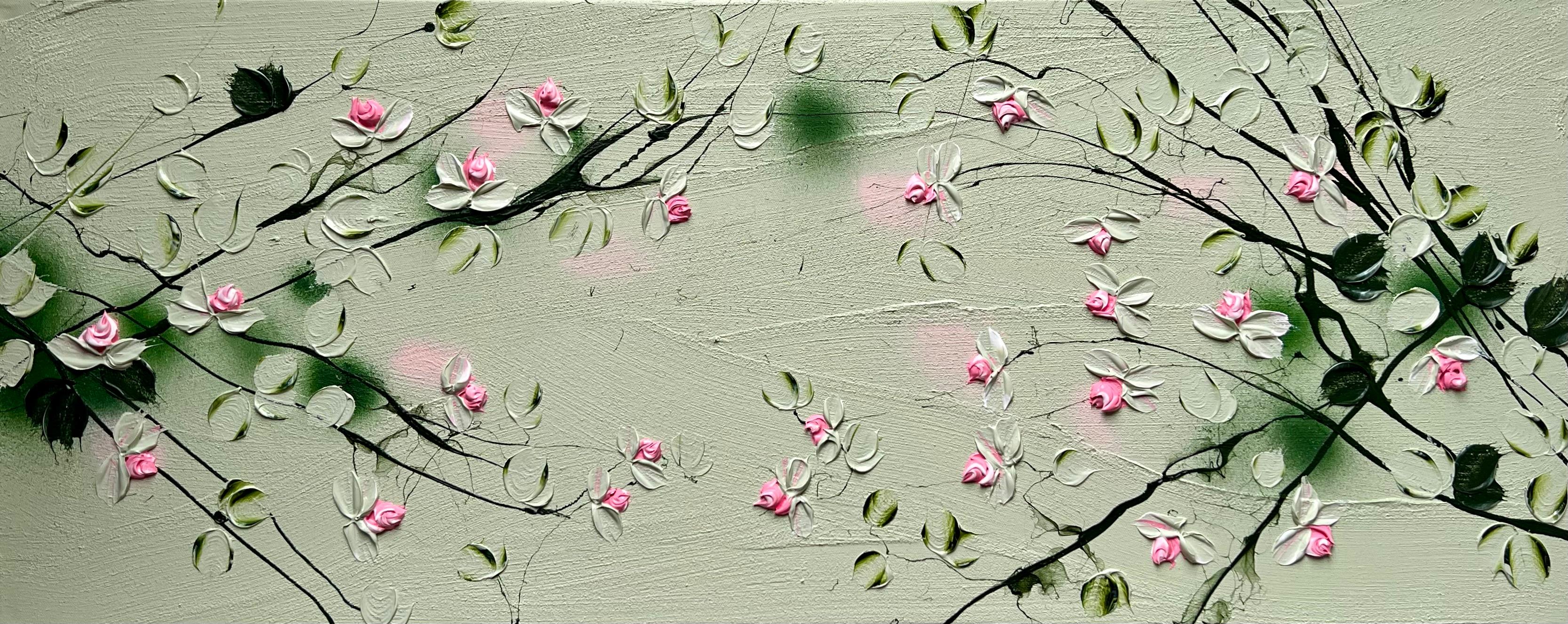Abstract Painting di Anastassia Skopp - "Sweet Vibes II" pittura floreale testurizzata formato paesaggio rose verde chiaro