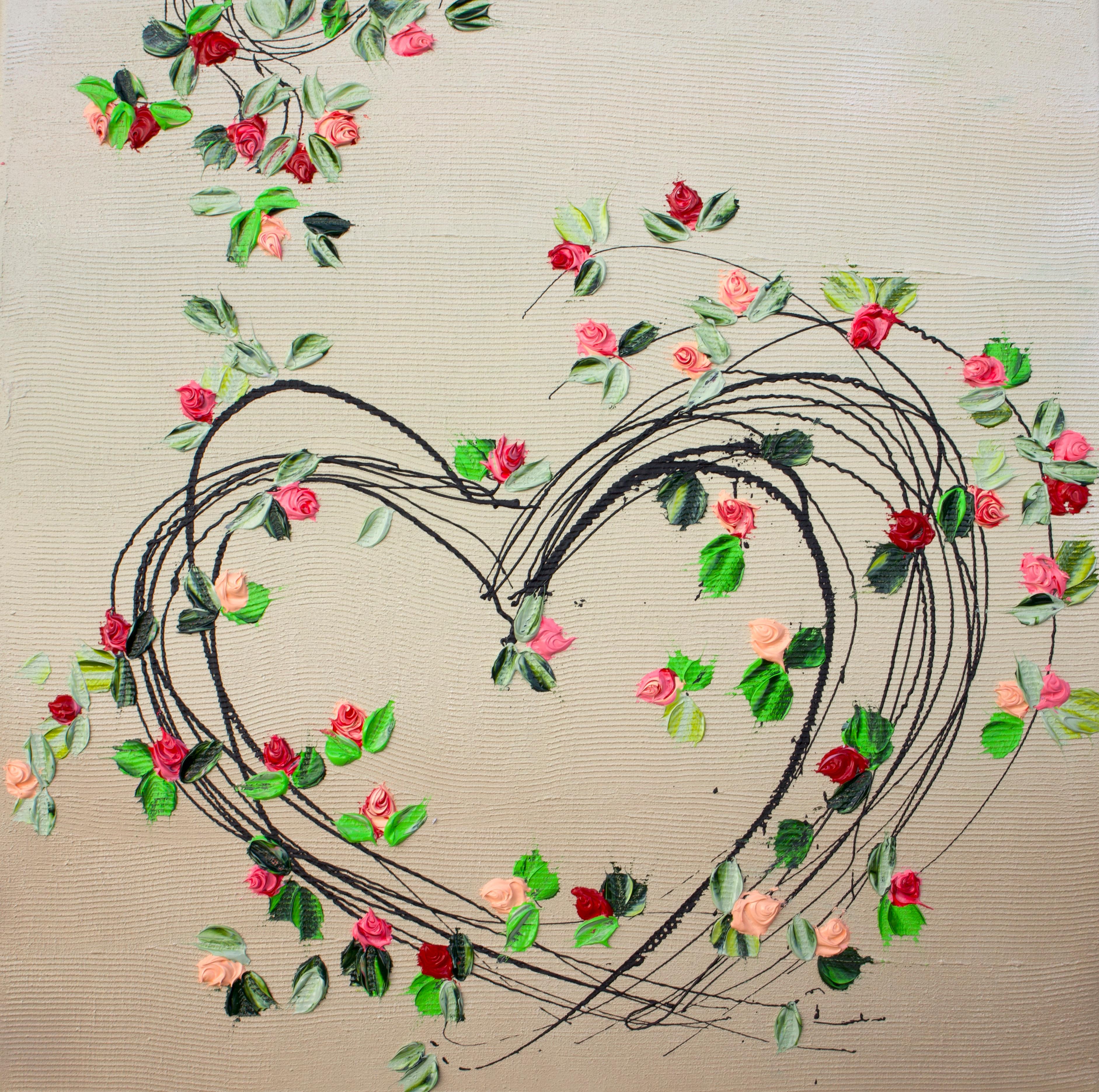 Peinture florale colorée texturée « Blooming Heart » (Cœur en fleurs)
