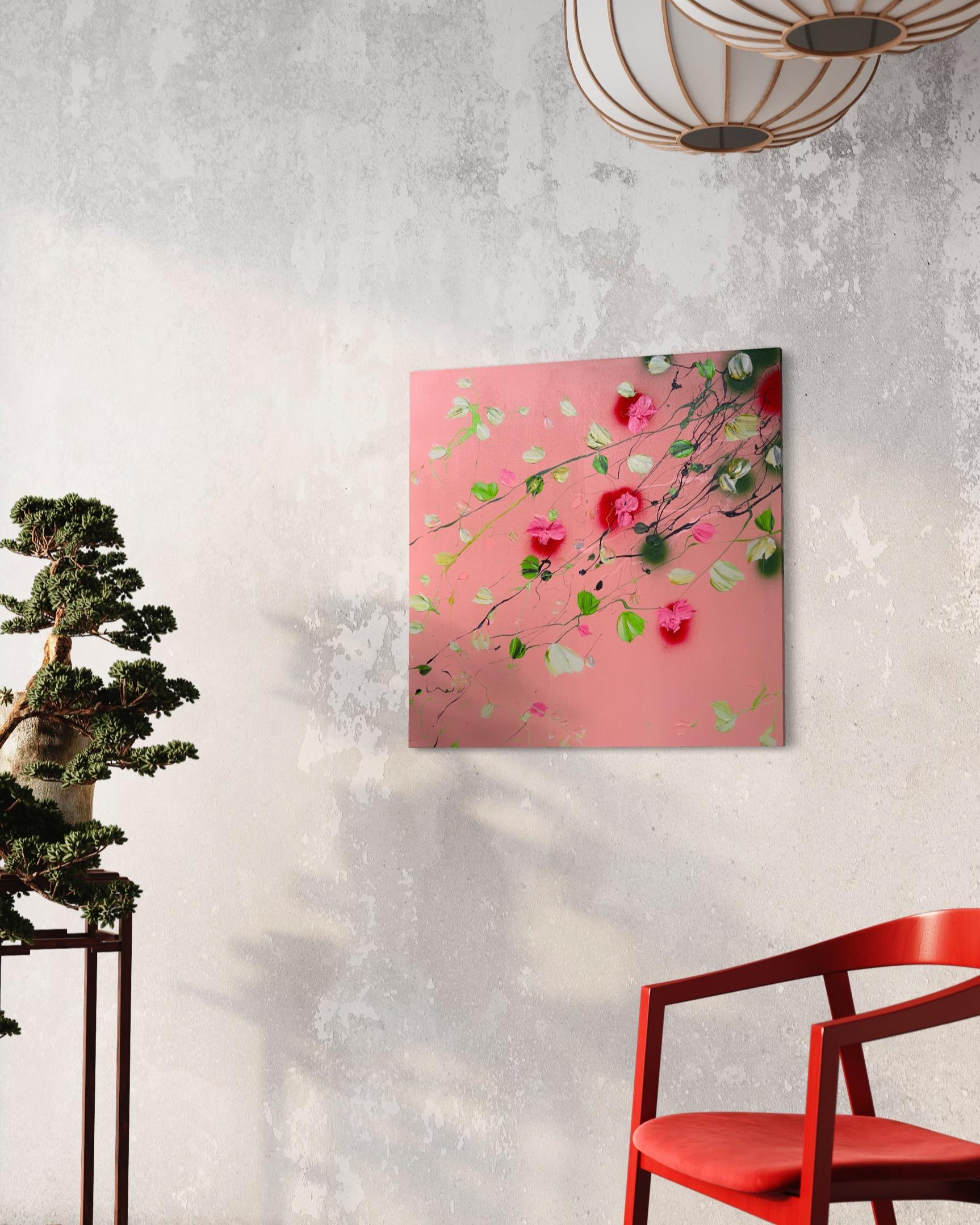 Texturiertes, farbenfrohes Blumengemälde „Rose Day II“ (Pink), Interior Painting, von Anastassia Skopp