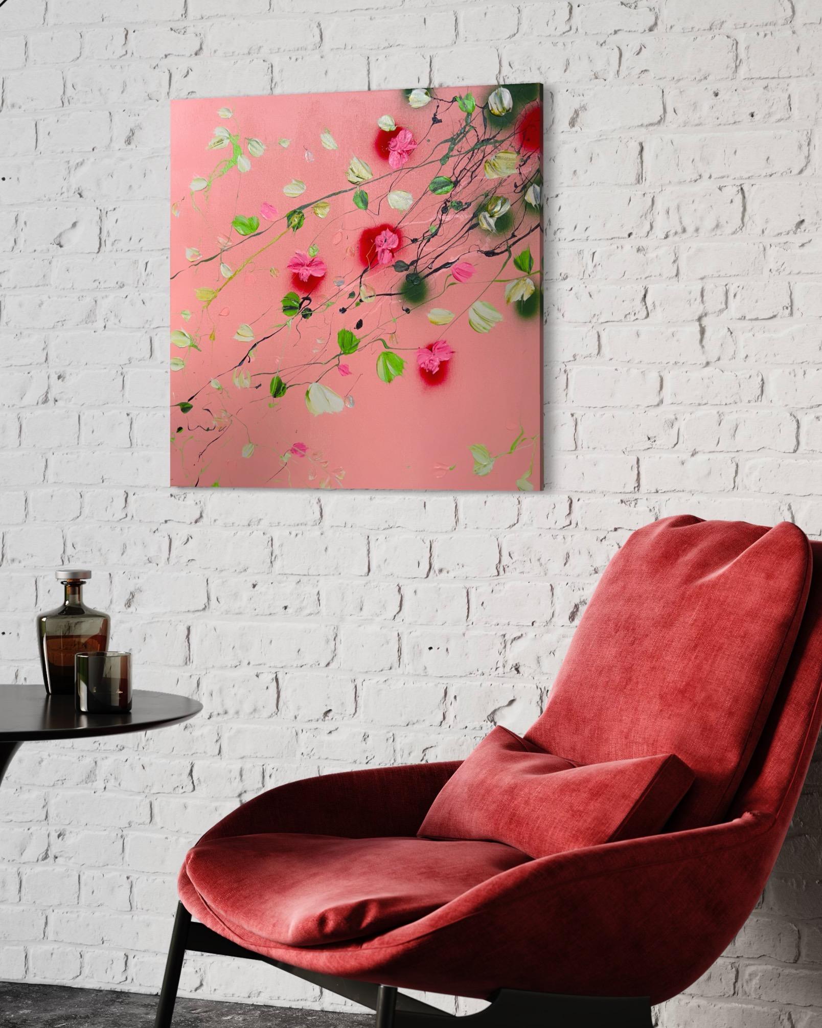 Texturiertes, farbenfrohes Blumengemälde „Rose Day II“ im Angebot 1