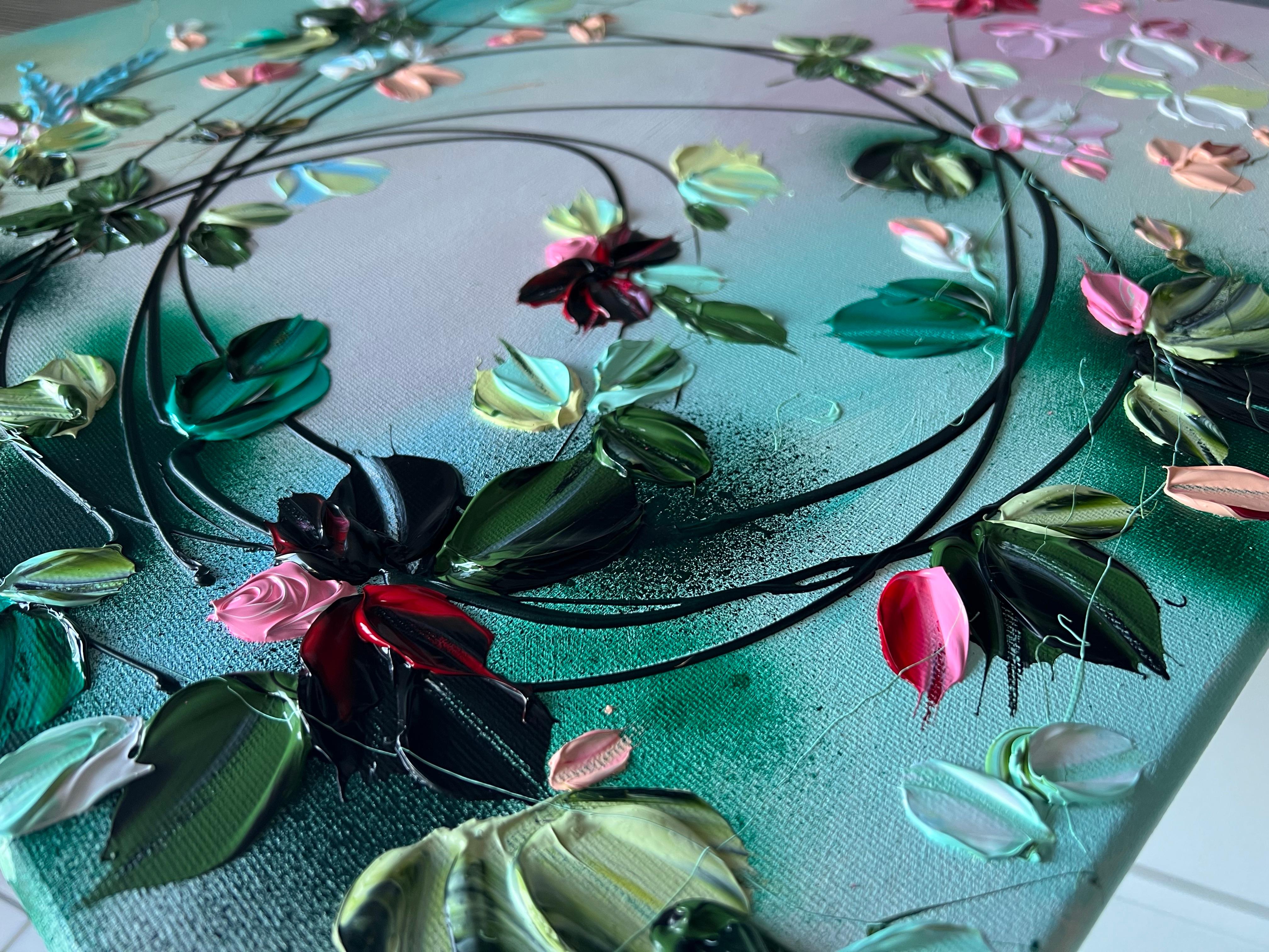 Peinture florale texturée avec roses « improvisation » en vente 9