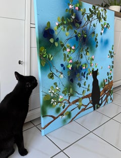 "The Garden Cat"  3d colorful impressionistic art with flowers on cotton canvas