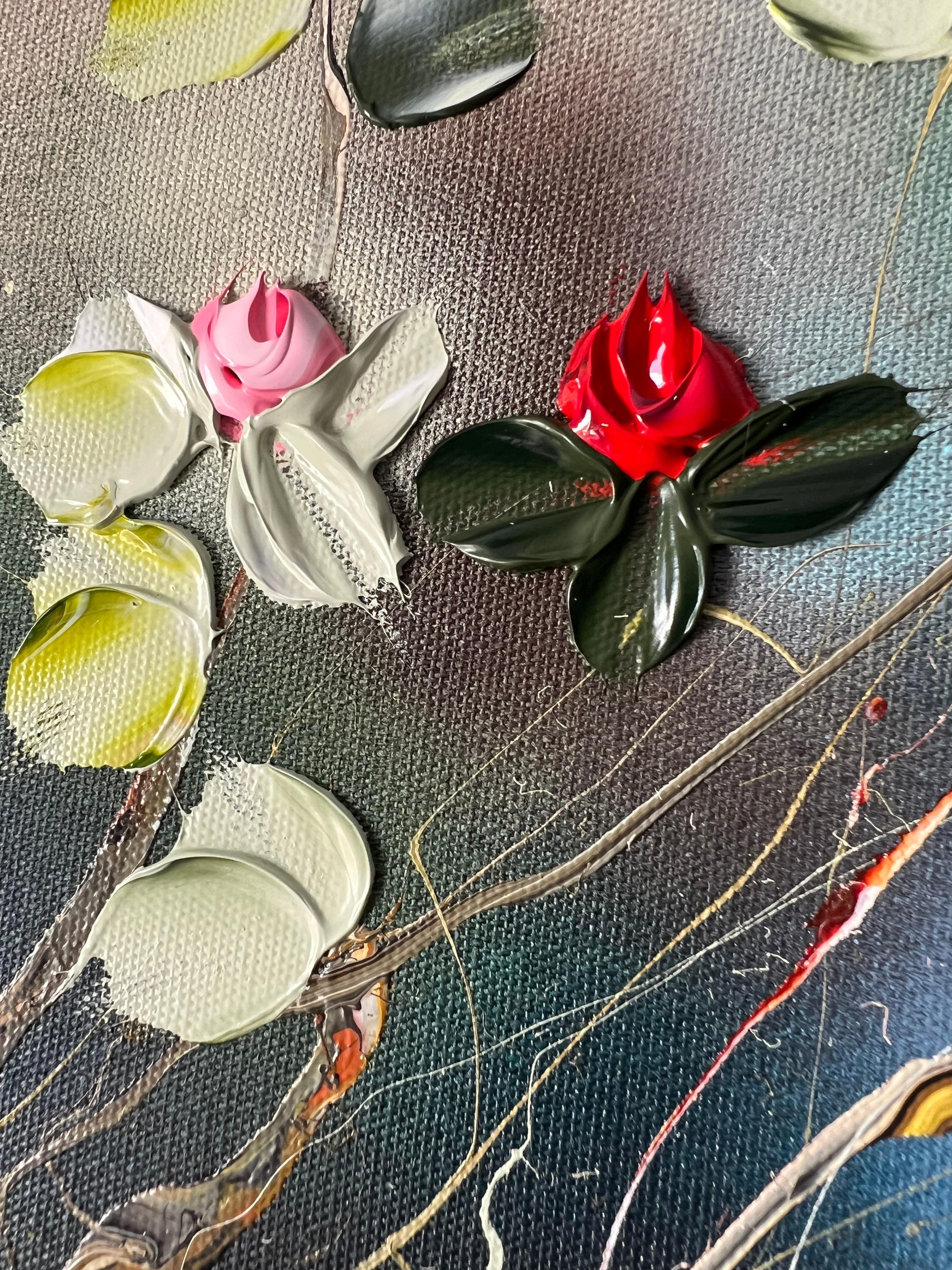 Tsubomi - original impressionistic painting with  roses on linen canvas For Sale 5