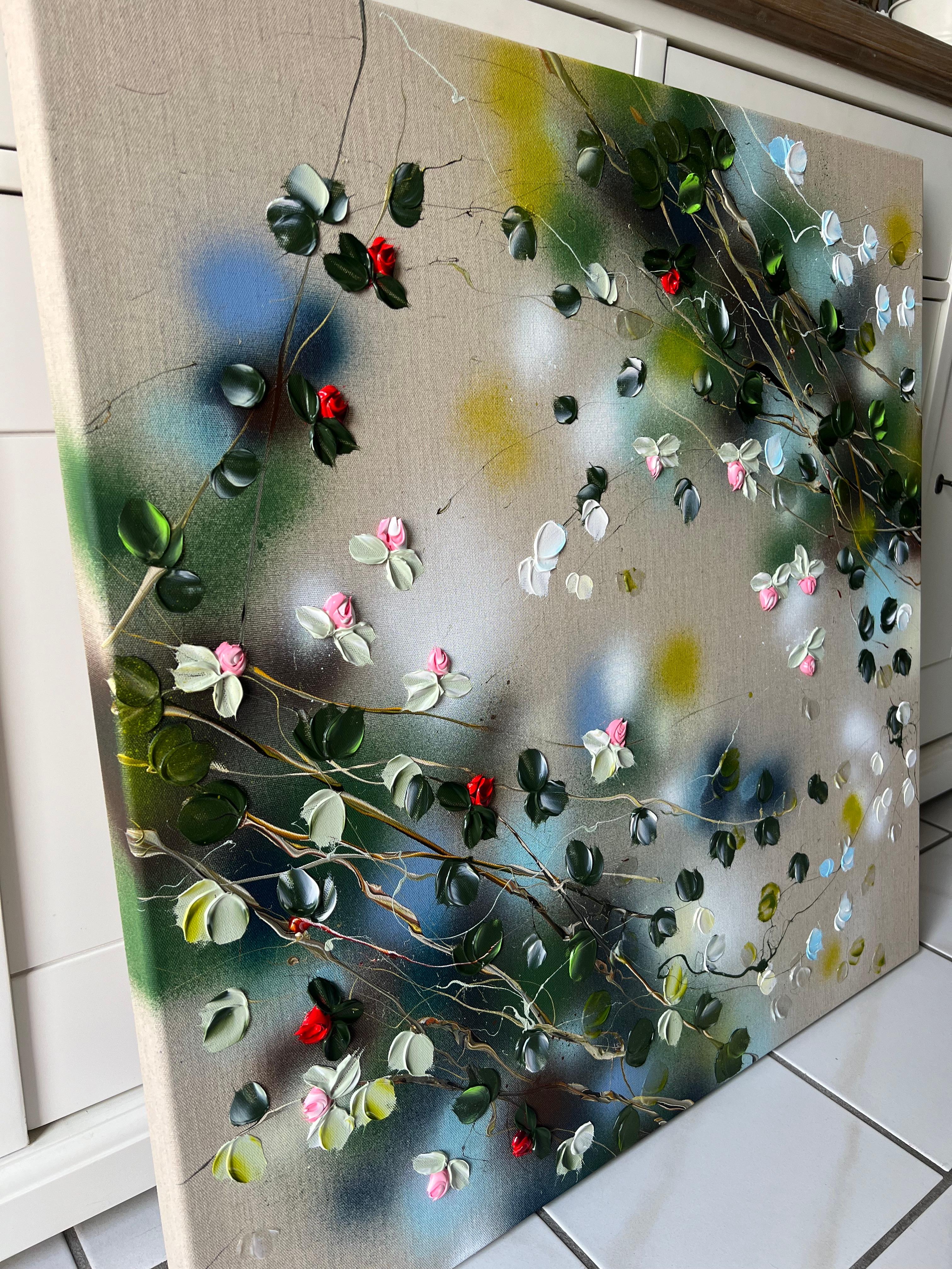 Tsubomi - original impressionistic painting with  roses on linen canvas - Painting by Anastassia Skopp