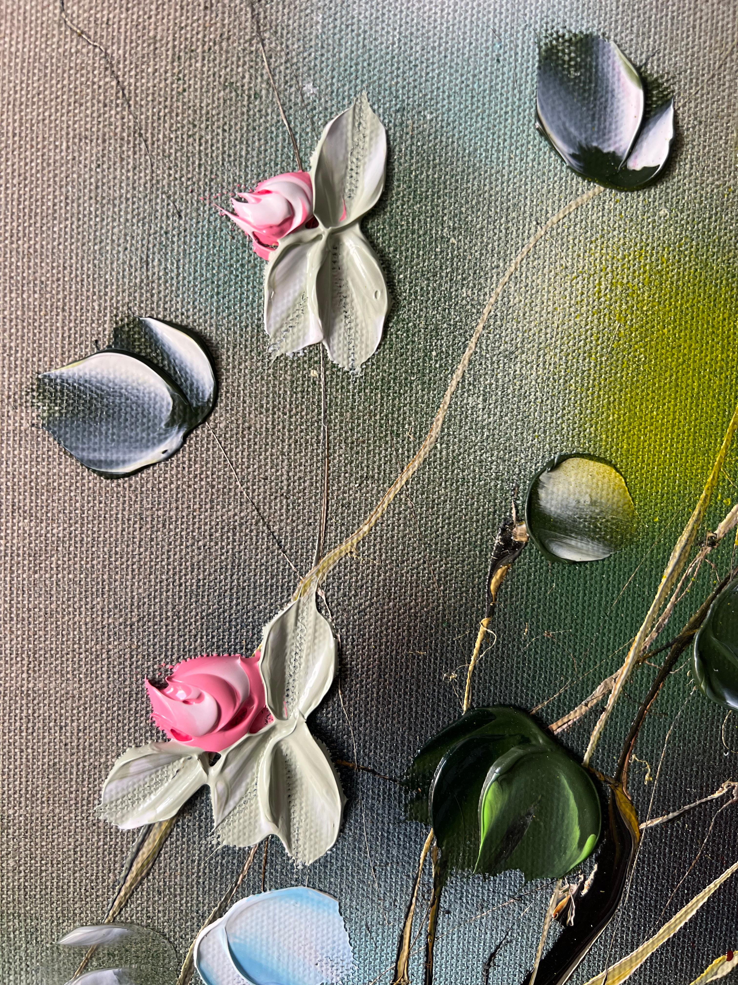 Tsubomi - original impressionistic painting with  roses on linen canvas - Brown Interior Painting by Anastassia Skopp