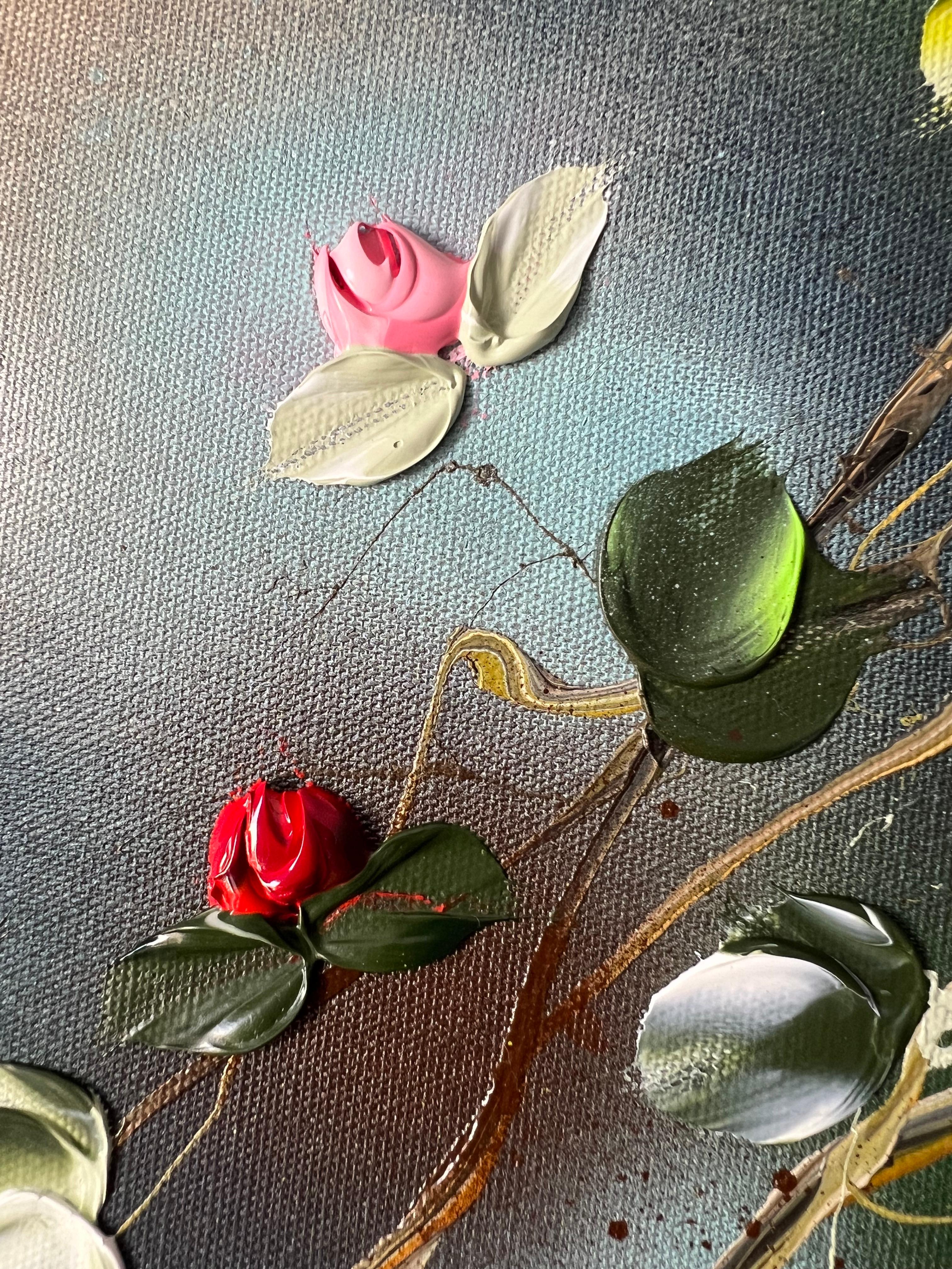Tsubomi - original impressionistic painting with  roses on linen canvas For Sale 4