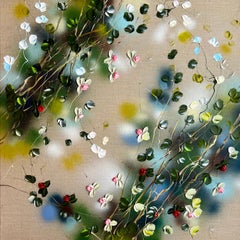Tsubomi - peinture impressionniste originale avec  roses sur toile de lin