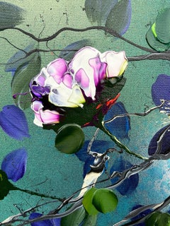 "Ukiyo" 3d cuadrado colorido arte impresionista con flores sobre lienzo de lino