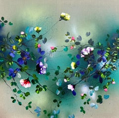 "Ukiyo" 3d cuadrado colorido arte impresionista con flores sobre lienzo de lino