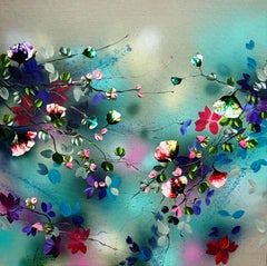 "Wabi-Sabi Fragments"  colorful impressionistic art with flowers on linen canvas