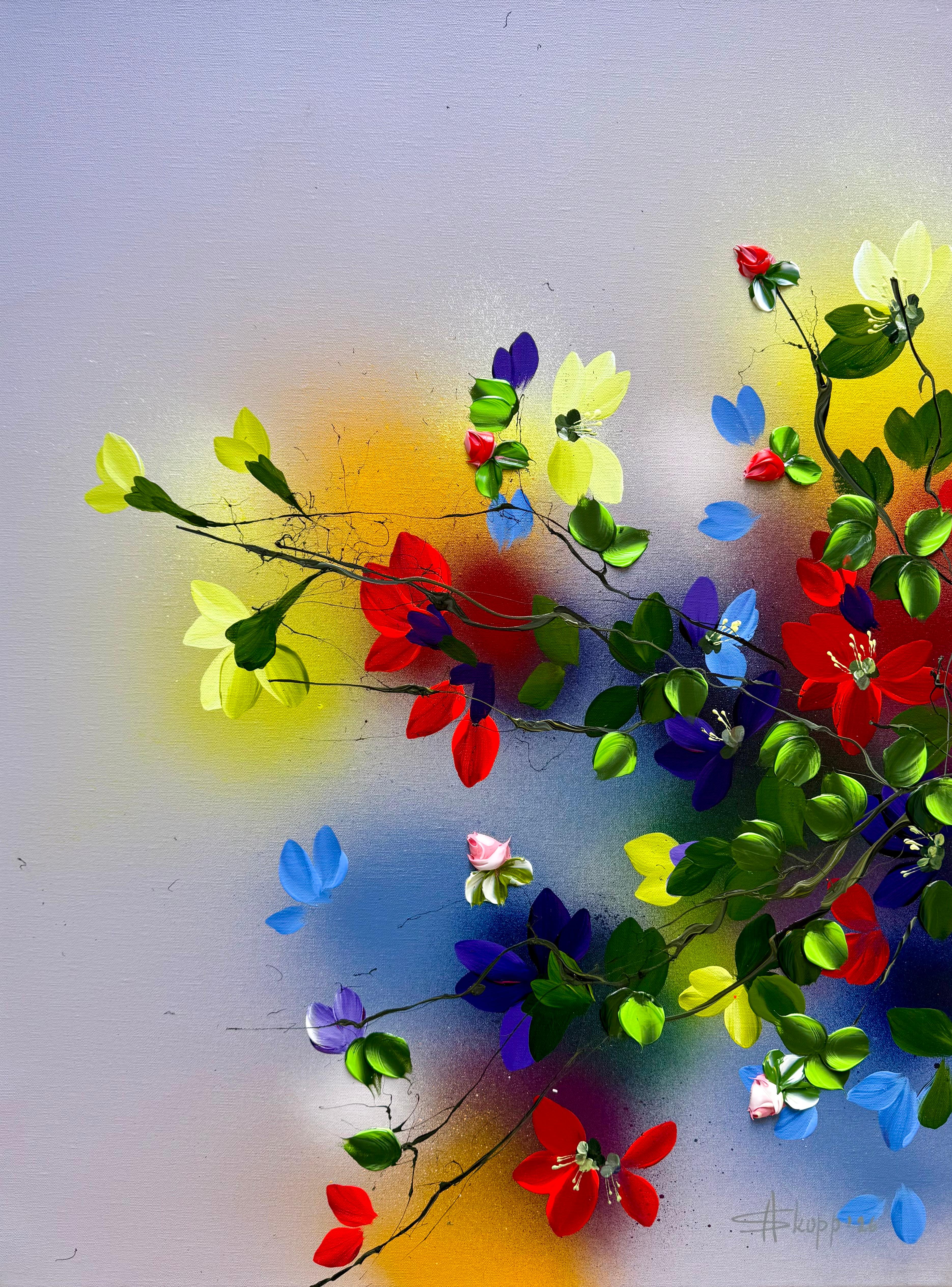 "Where Colors Meet I" impasto painting, bright colored flowers on linen canvas