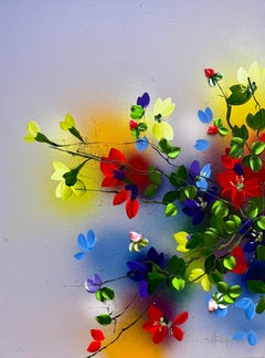 "Where Colors Meet I" impasto painting, bright colored flowers on linen canvas