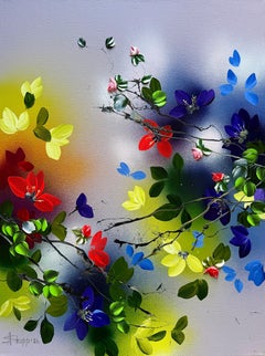 "Where Colors Meet " impasto painting, bright colored flowers on linen canvas