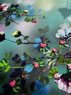 " Là où j'oublie je " peinture empâtée, fleurs de couleurs vives sur toile de lin.