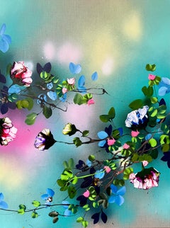 " Là où j'oublie je " peinture empâtée, fleurs de couleurs vives sur toile de lin.