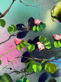 "Where I Forget" textured triptych, bright colored flowers on linen canvas