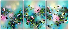 "Where I Forget" textured triptych, bright colored flowers on linen canvas