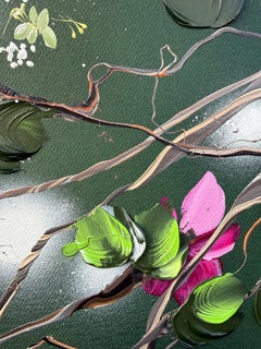 "Whispers in Green" dark 3d impressionistic painting with flowers on canvas