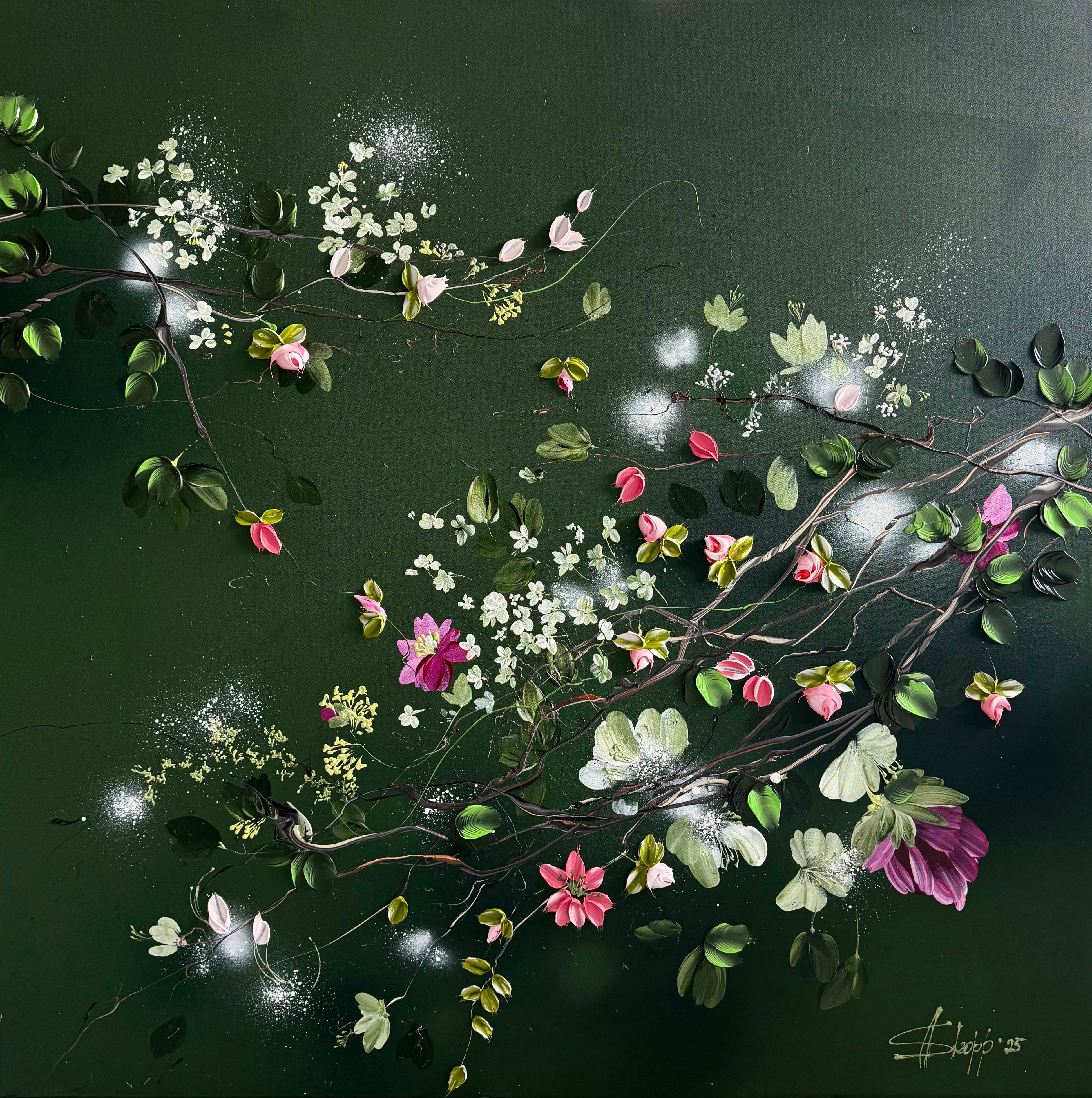 Anastassia Skopp Landscape Painting - "Whispers in Green" dark 3d impressionistic painting with flowers on canvas