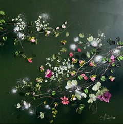 "Whispers in Green" dark 3d impressionistic painting with flowers on canvas