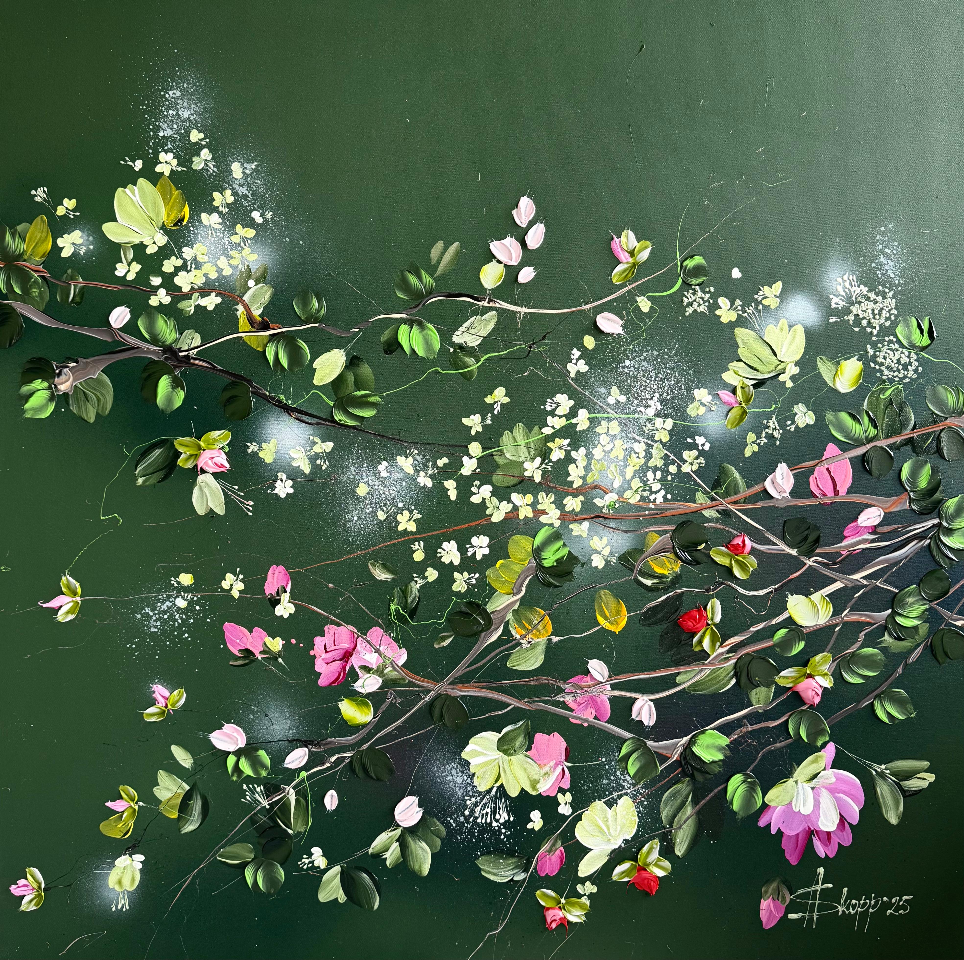 Anastassia Skopp Landscape Painting - "Whispers in Green II" dark 3d impressionistic painting with flowers on canvas