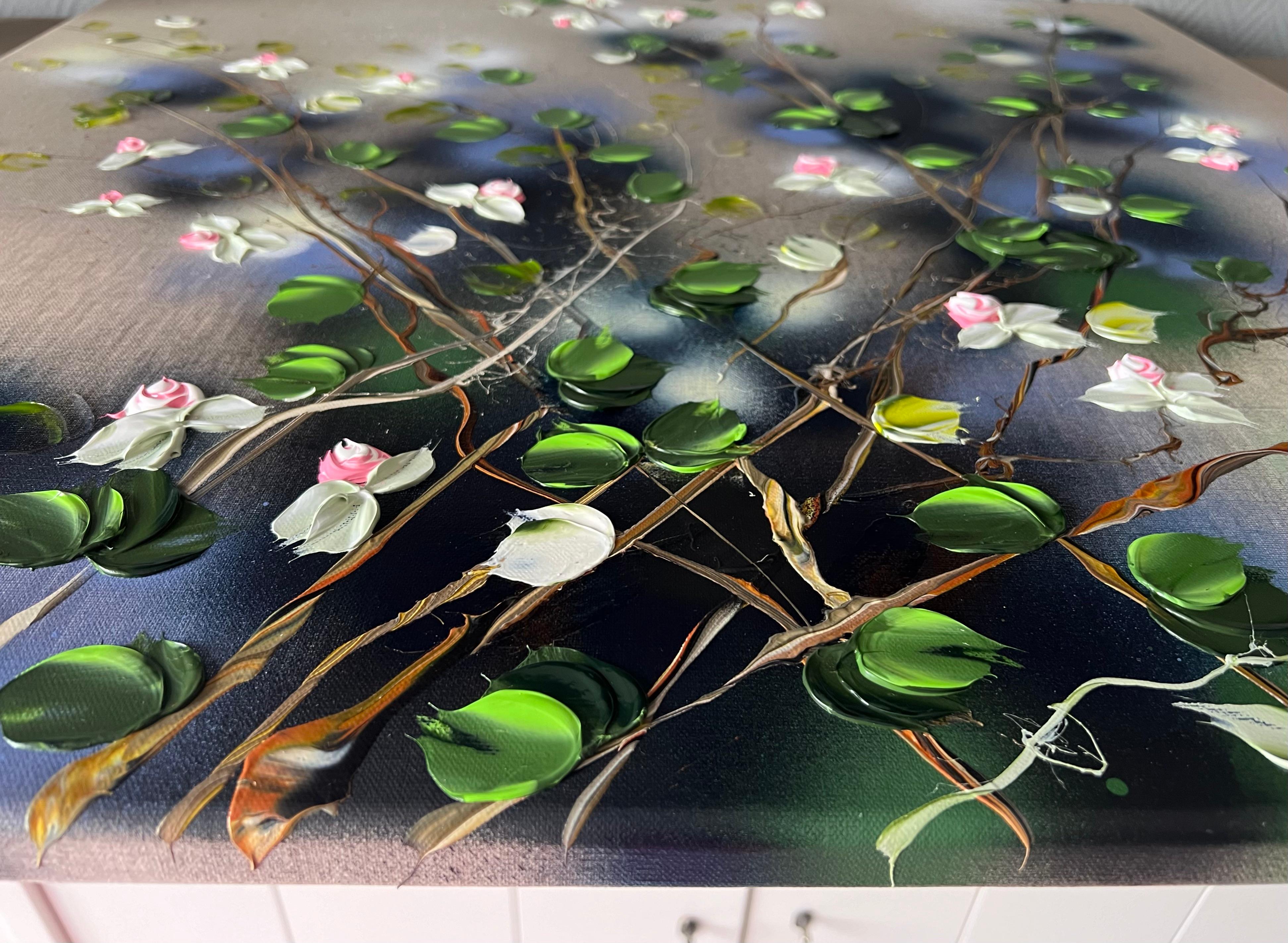 Whispers of Morning Roses – quadratisches, romantisches Blumengemälde auf Leinen-Leinwand im Angebot 5