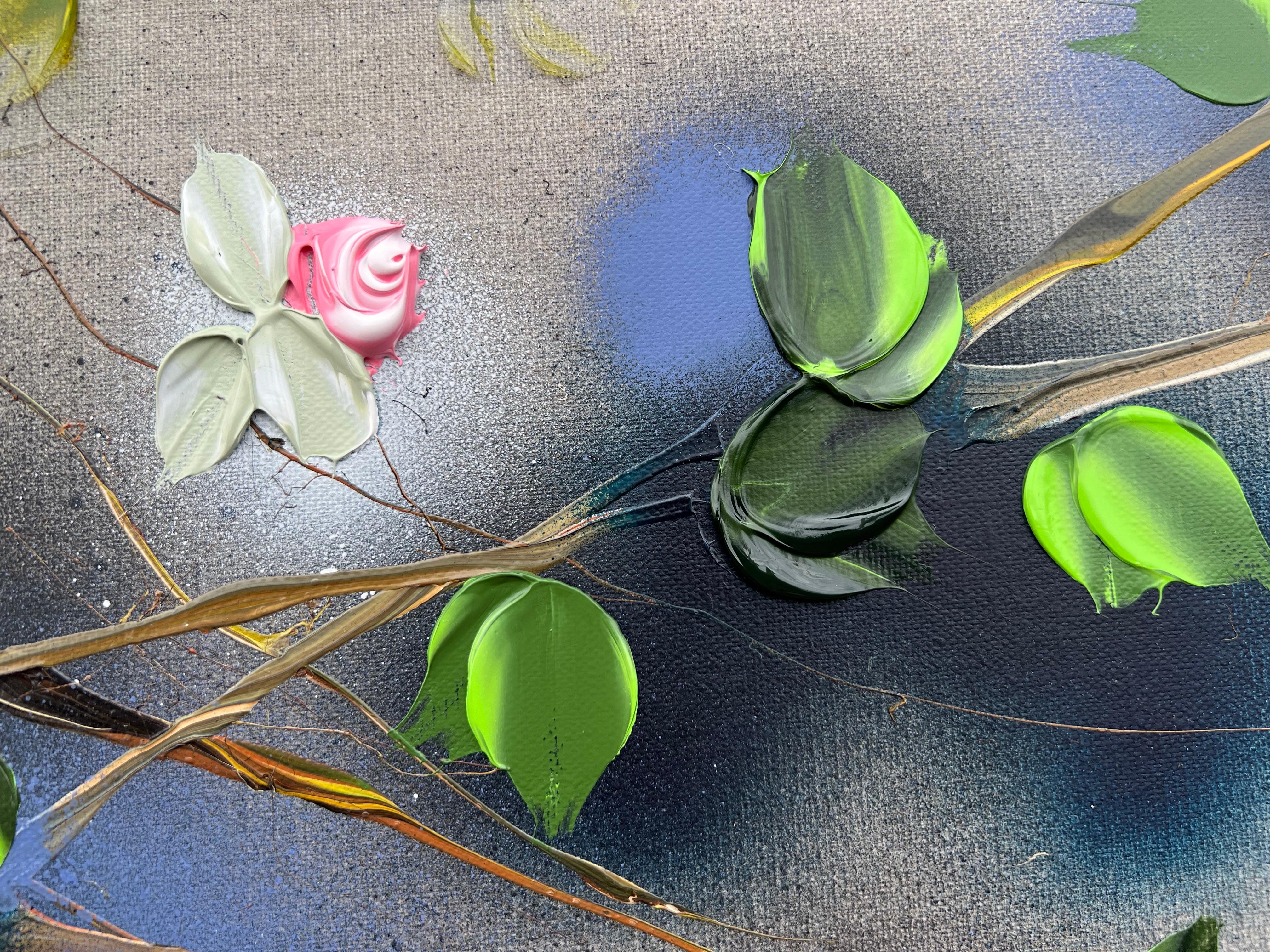 Whispers of Morning Roses – quadratisches, romantisches Blumengemälde auf Leinen-Leinwand im Angebot 6