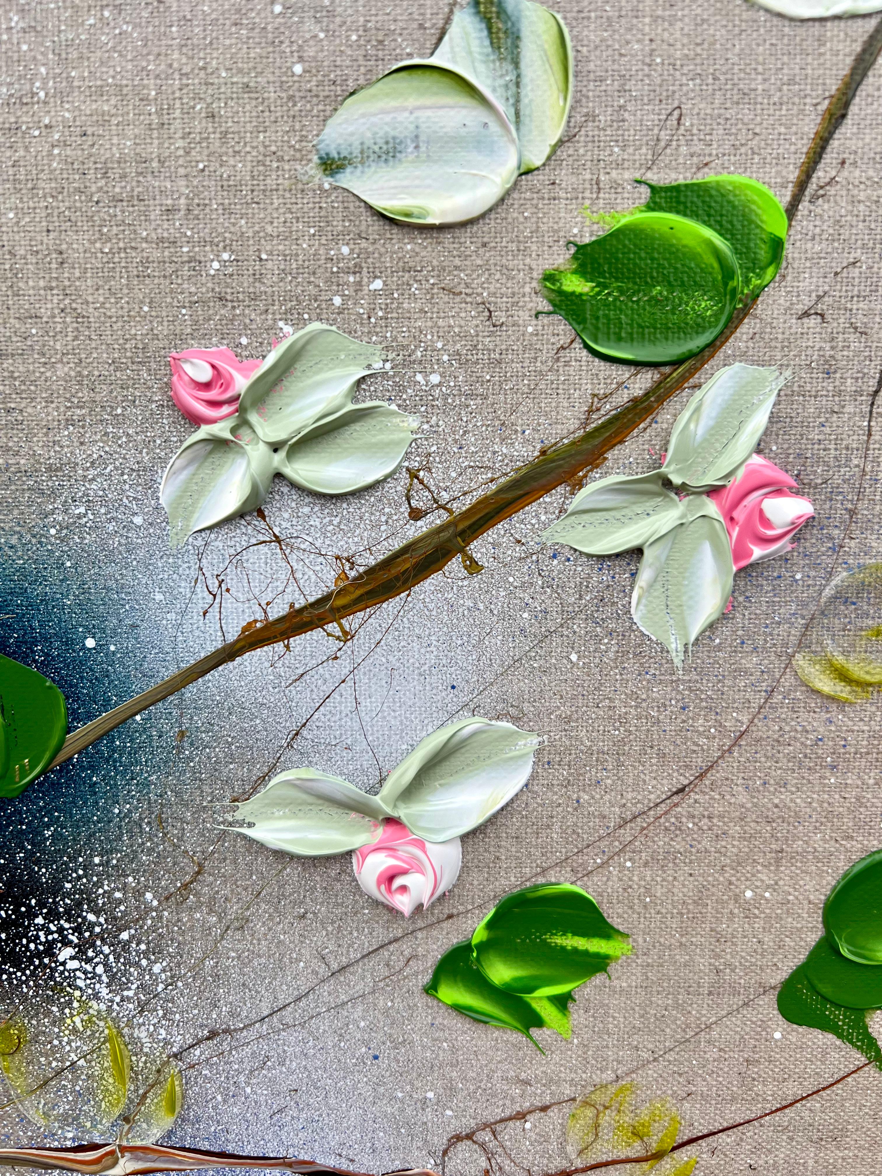 Whispers of Morning Roses – quadratisches, romantisches Blumengemälde auf Leinen-Leinwand im Angebot 7