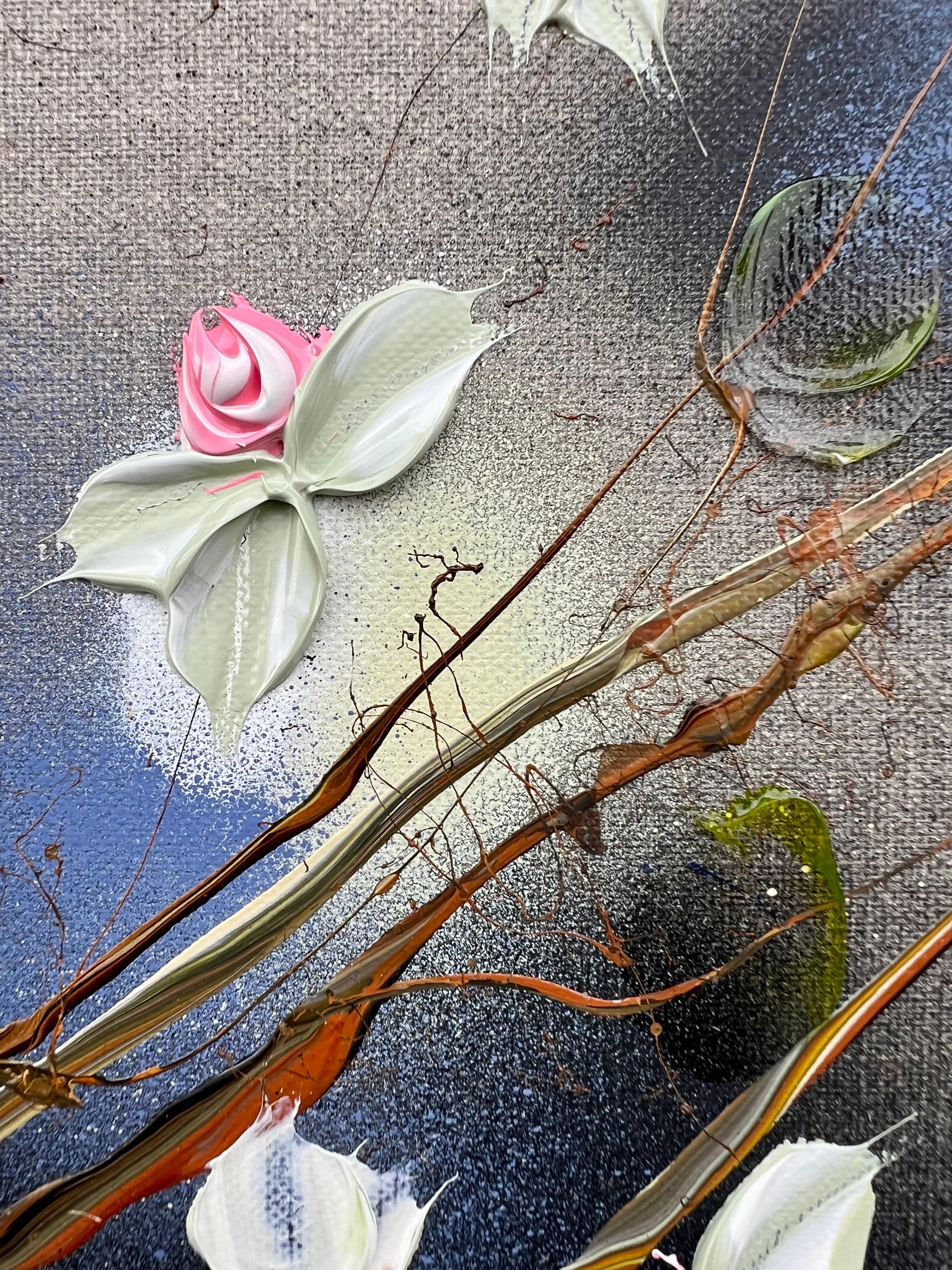 Whispers of Morning Roses – quadratisches, romantisches Blumengemälde auf Leinen-Leinwand im Angebot 8
