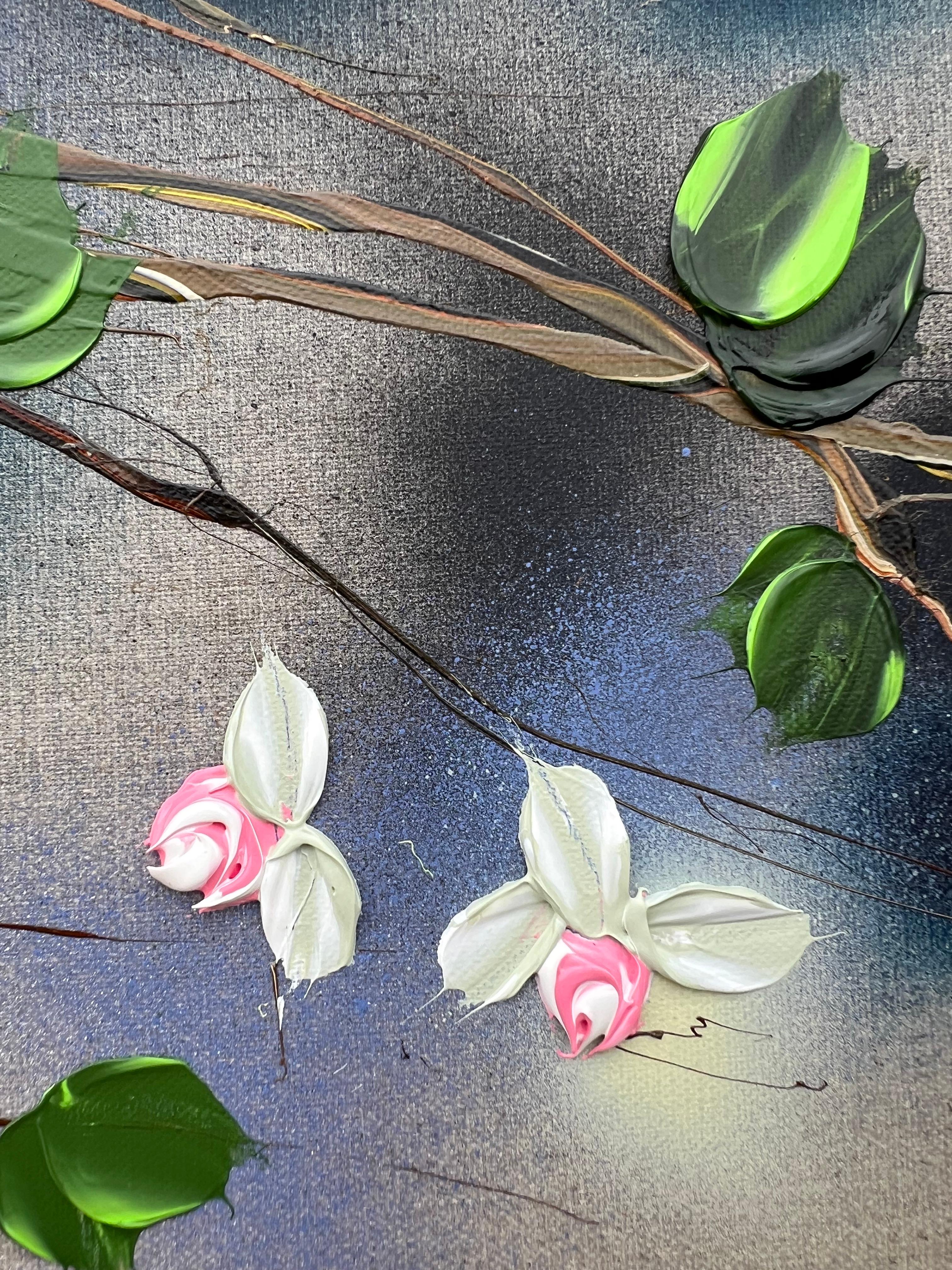 Whispers of Morning Roses – quadratisches, romantisches Blumengemälde auf Leinen-Leinwand im Angebot 9