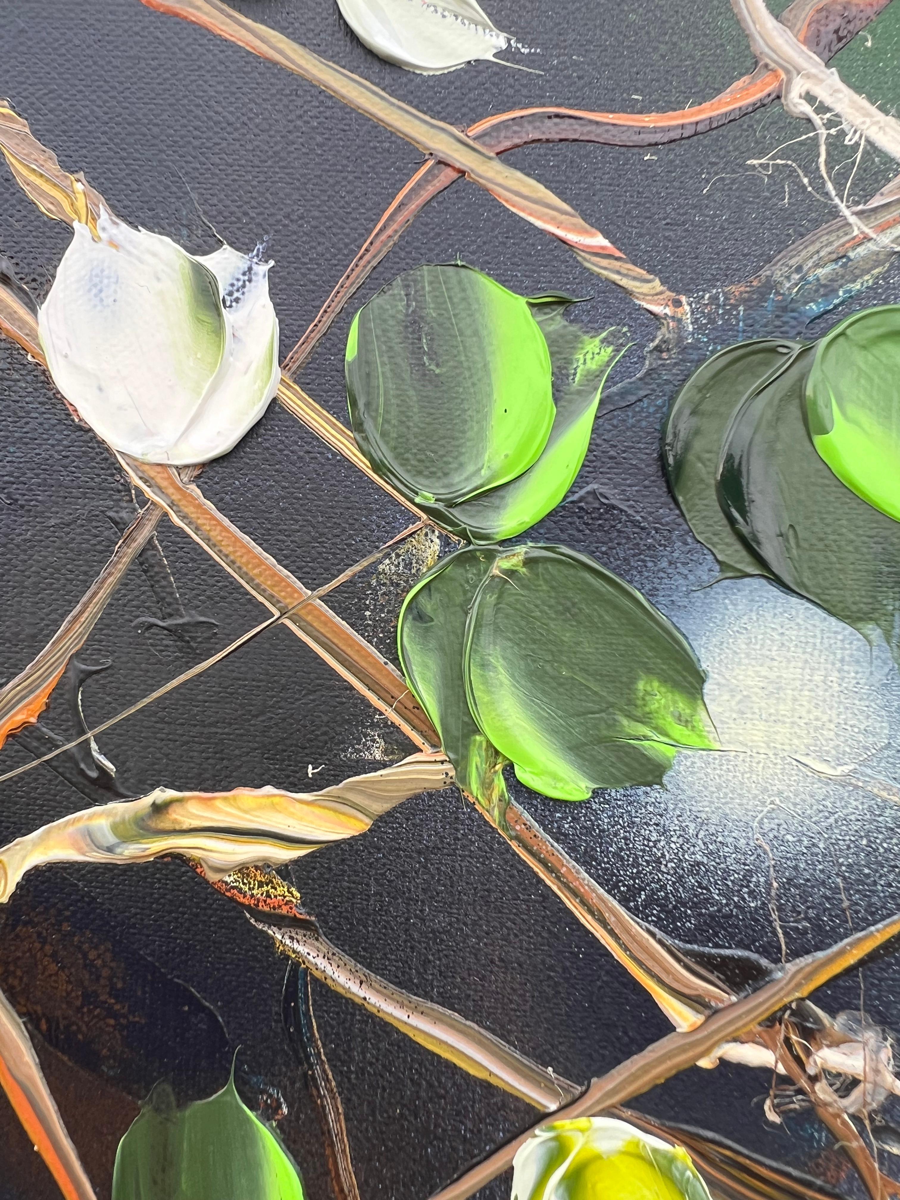 Whispers of Morning Roses – quadratisches, romantisches Blumengemälde auf Leinen-Leinwand – Painting von Anastassia Skopp