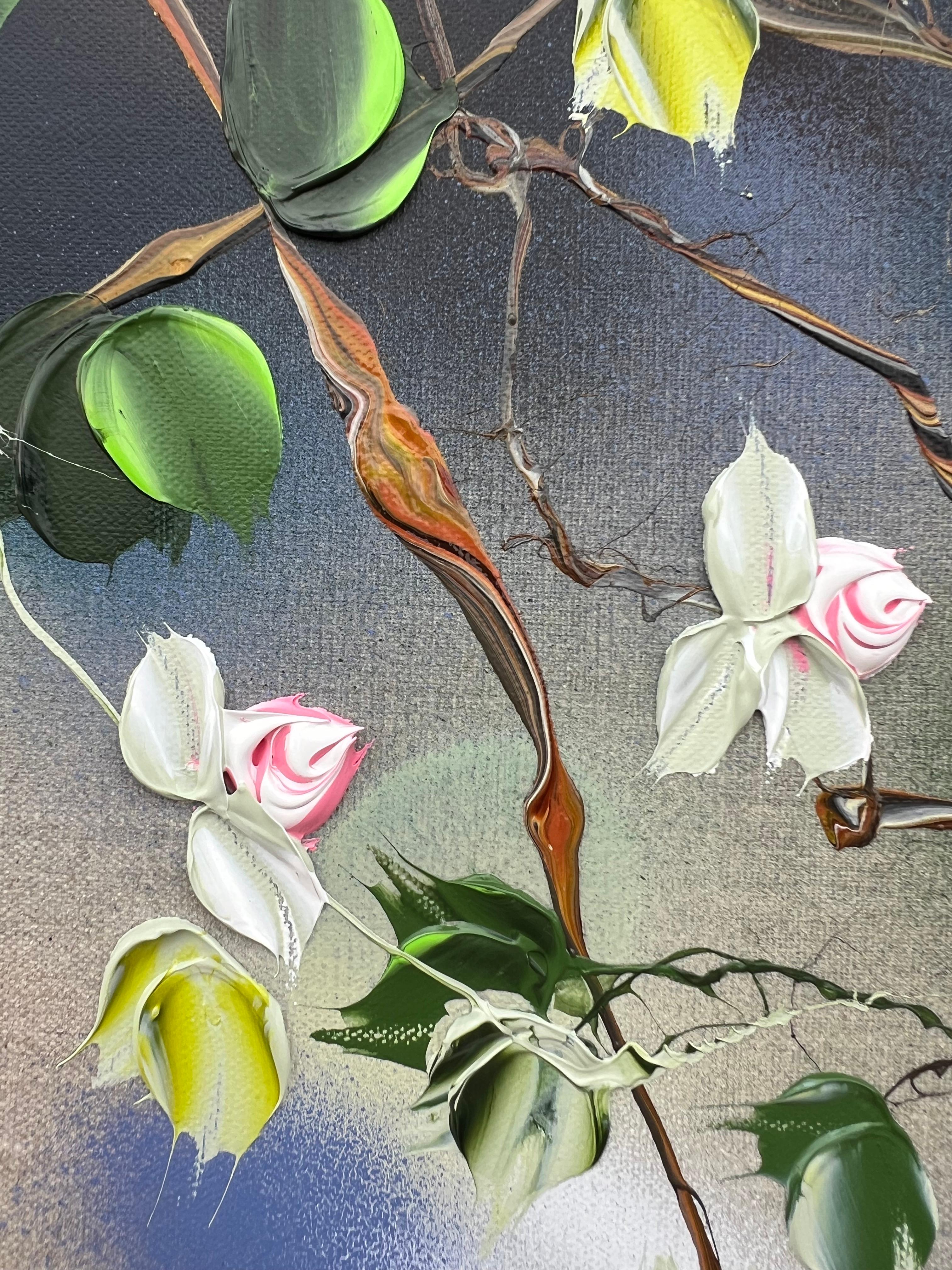 Whispers of Morning Roses – quadratisches, romantisches Blumengemälde auf Leinen-Leinwand (Abstrakt), Painting, von Anastassia Skopp