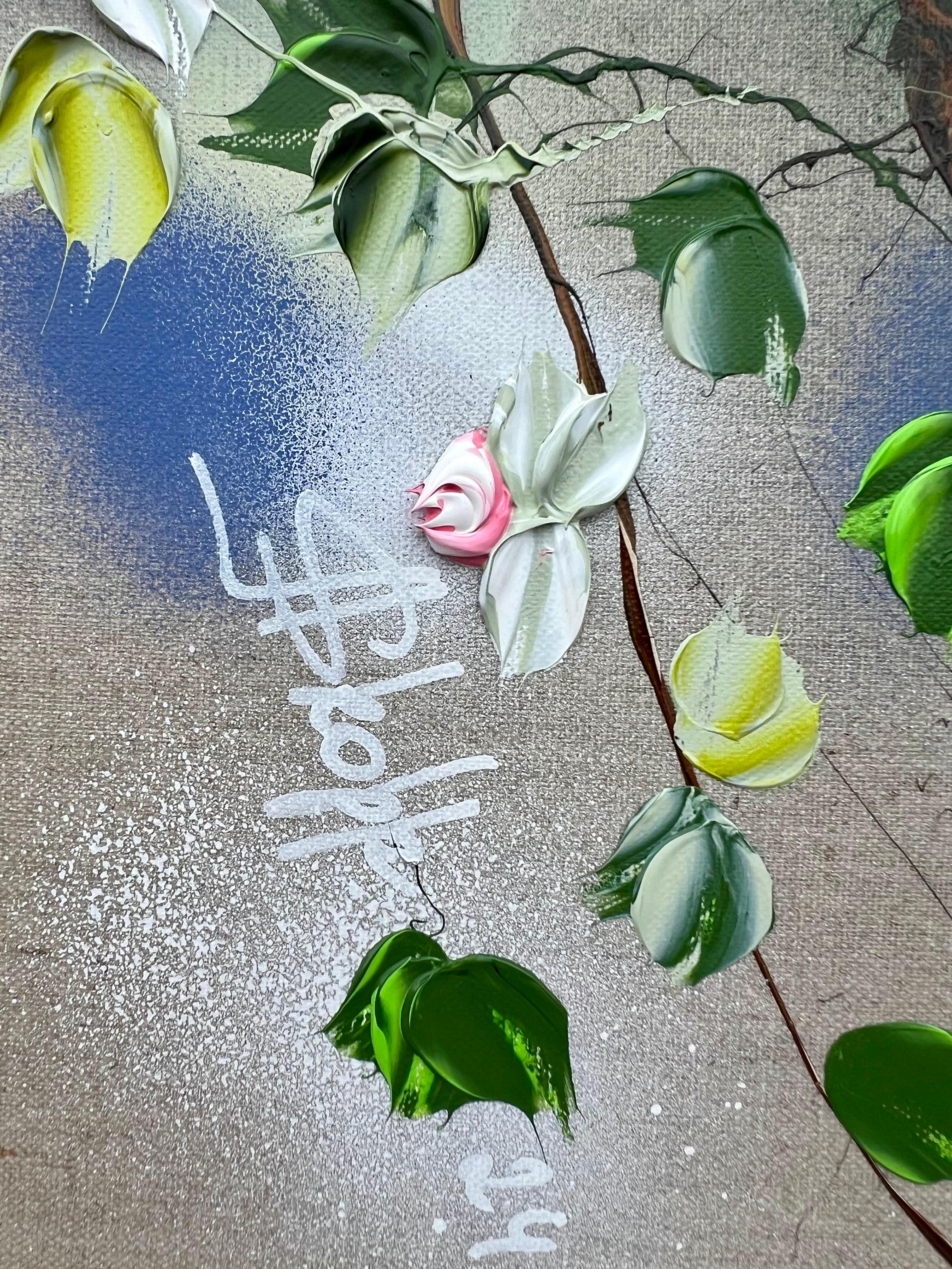 Whispers of Morning Roses – quadratisches, romantisches Blumengemälde auf Leinen-Leinwand (Grau), Abstract Painting, von Anastassia Skopp