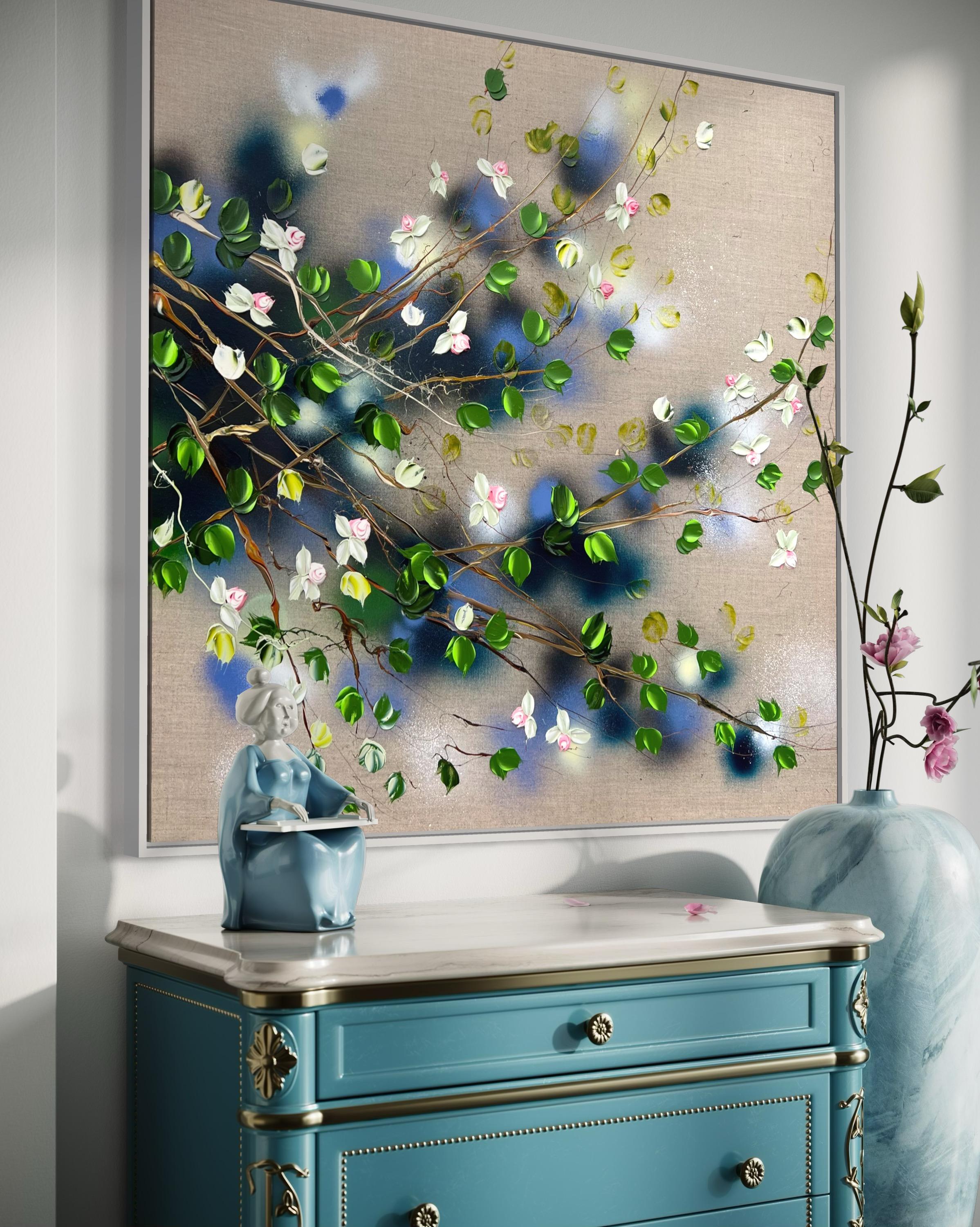 Whispers of Morning Roses – quadratisches, romantisches Blumengemälde auf Leinen-Leinwand im Angebot 4
