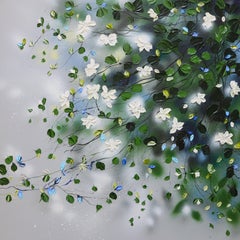 „White Blooms“ geblümtes, quadratisches, graues, grünes, weißes, strukturiertes, großes Gemälde