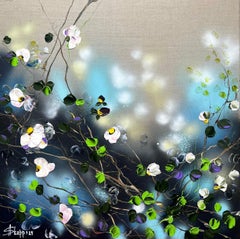 White Flowers II - square floral romantic textured painting on linen canvas