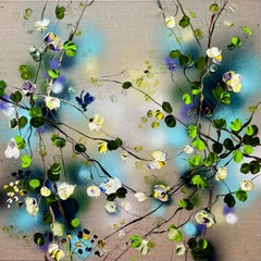 White Flowers - square floral romantic textured painting on linen canvas